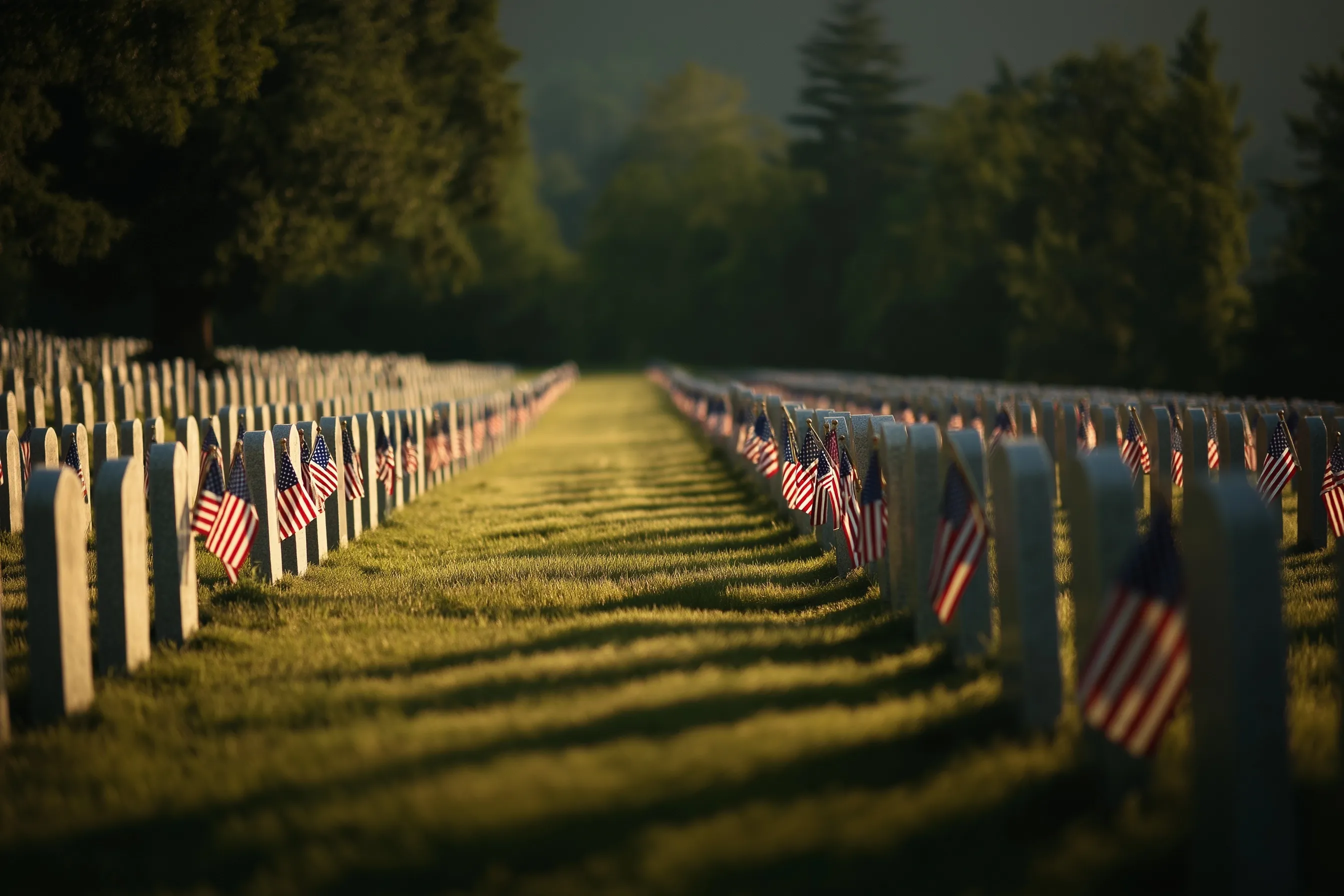 Rows of white military gravestones with American flags at sunset in a cemetery, symbolizing Memorial Day honor.