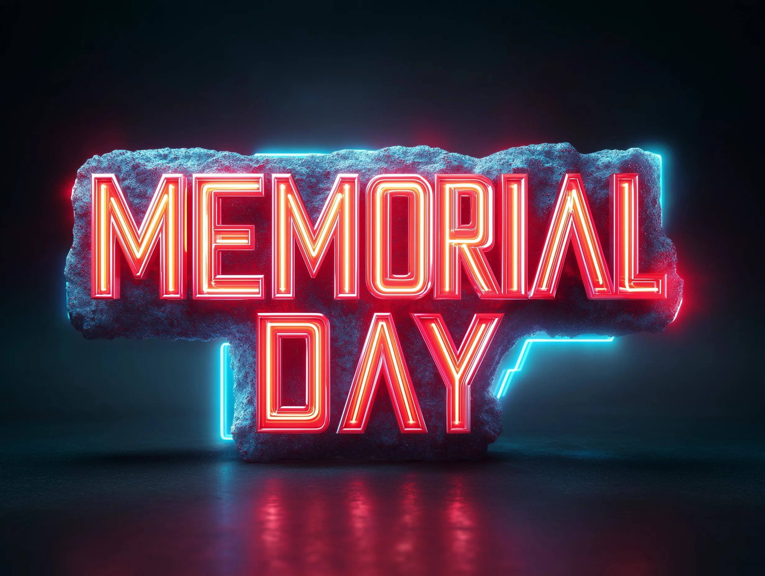 3D neon Memorial Day text with red, white, and blue glowing letters and retro 80s synthwave aesthetic background.