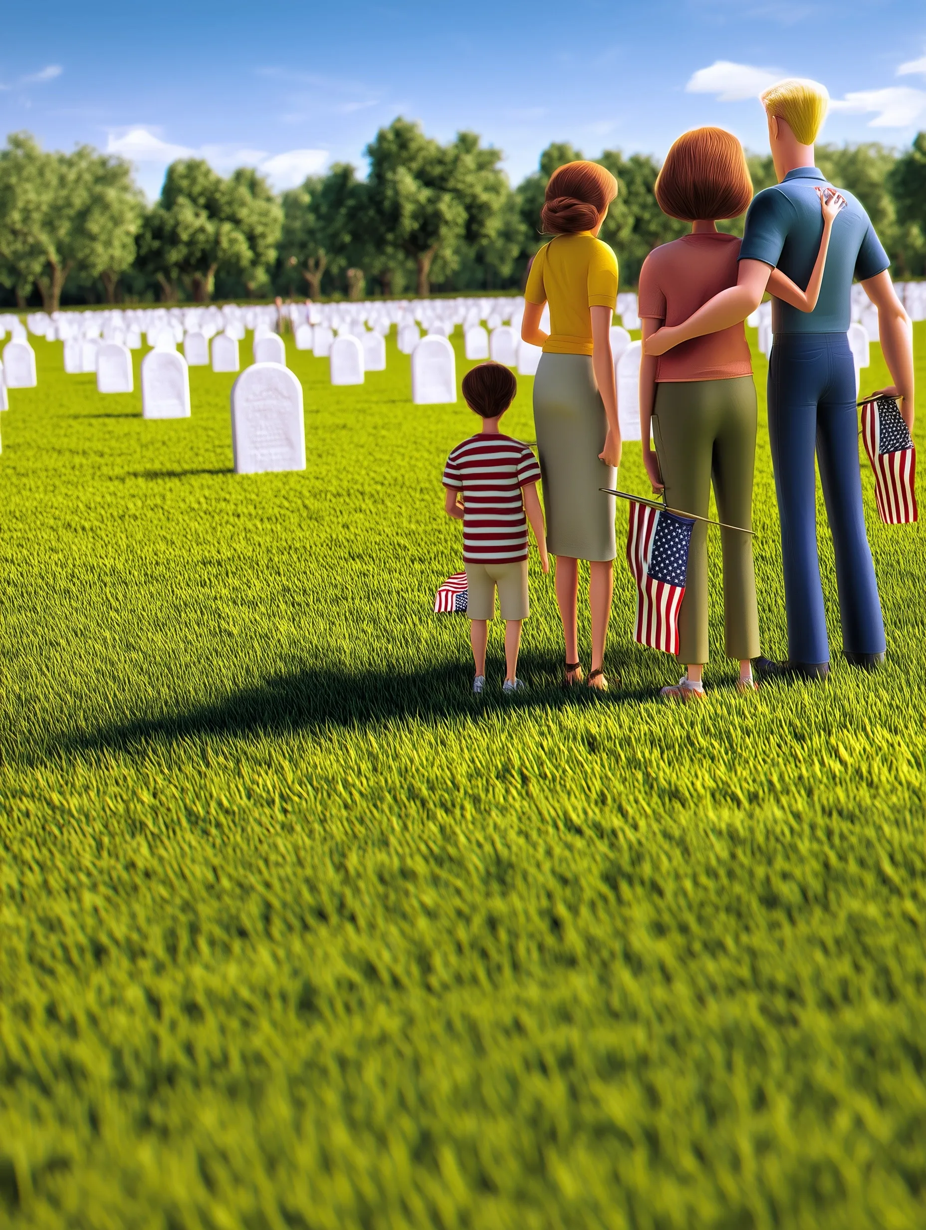 A 3D Pixar-style family paying respects at a US military cemetery on a sunny Memorial Day.