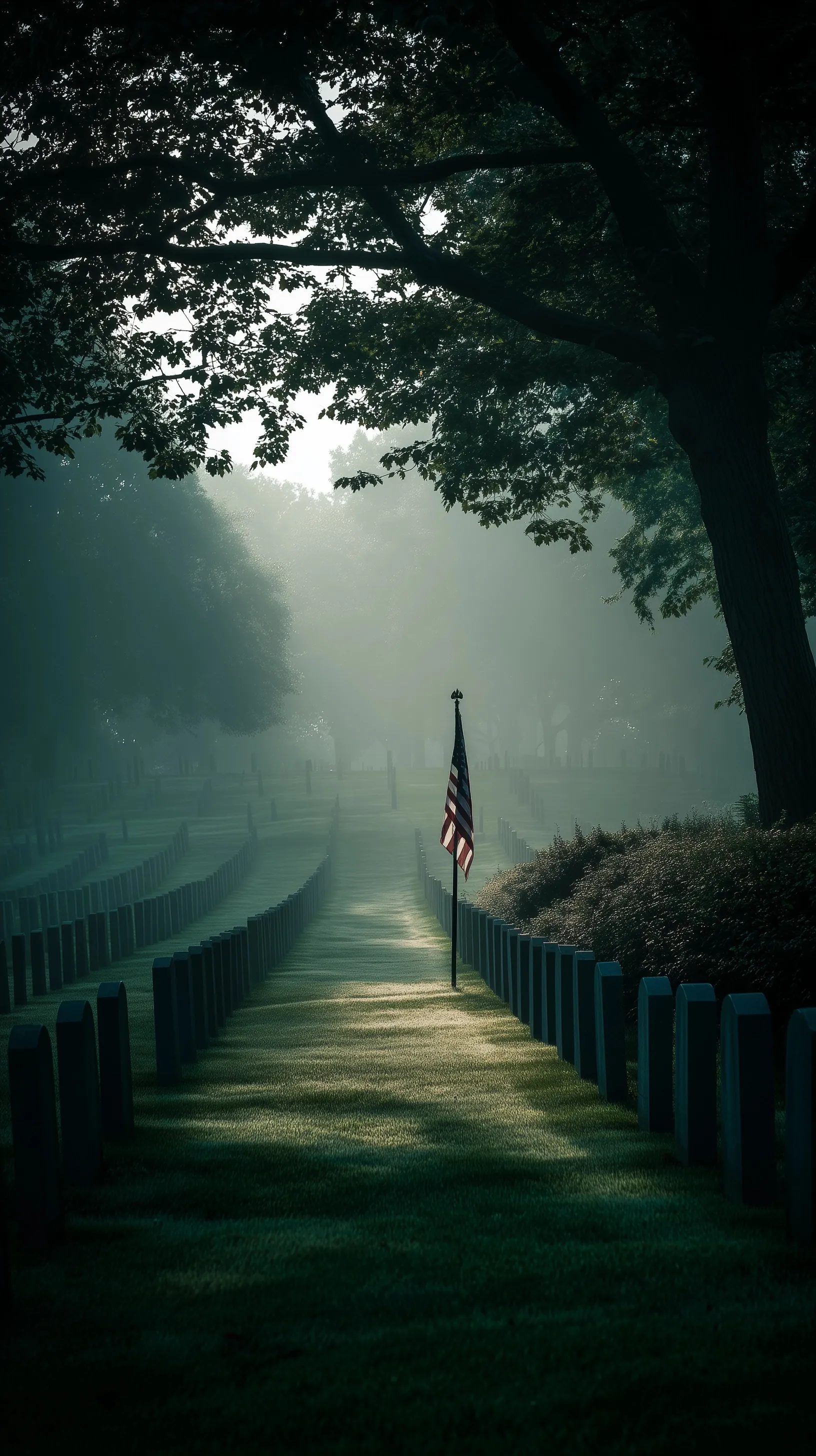 A foggy summer morning at Arlington National Cemetery featuring a single American flag standing among rows of graves.
