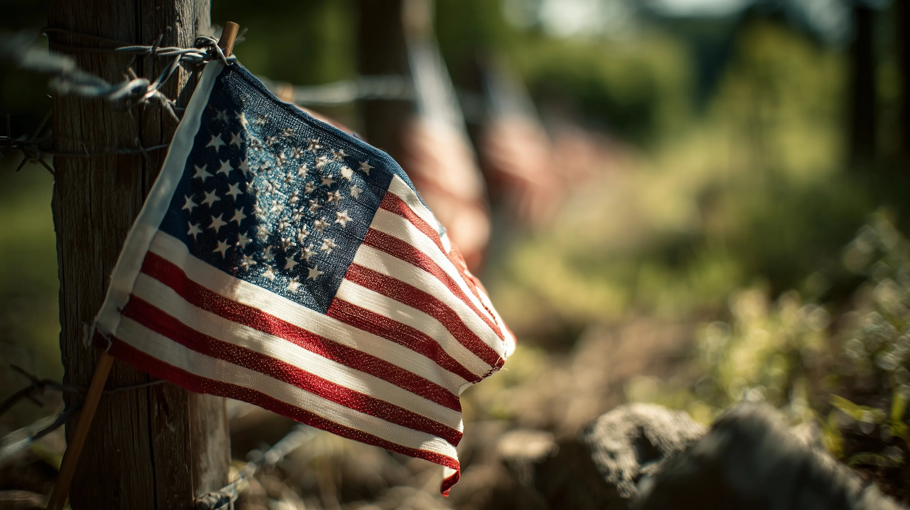 American flag waving against a clear blue sky for Memorial Day in the USA, honoring fallen soldiers.