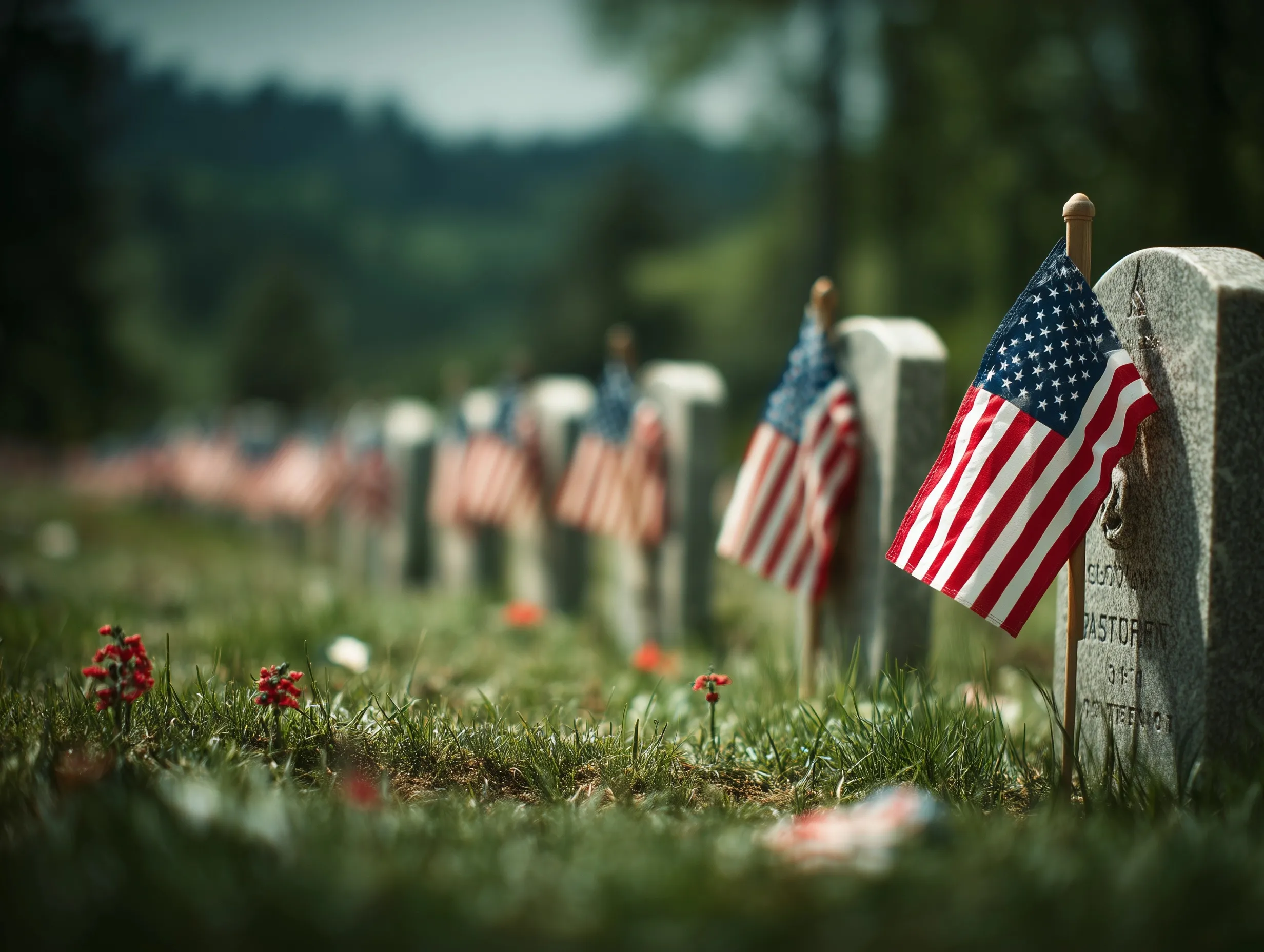 Rows of white military tombstones decorated with American flags in a peaceful cemetery on Memorial Day.