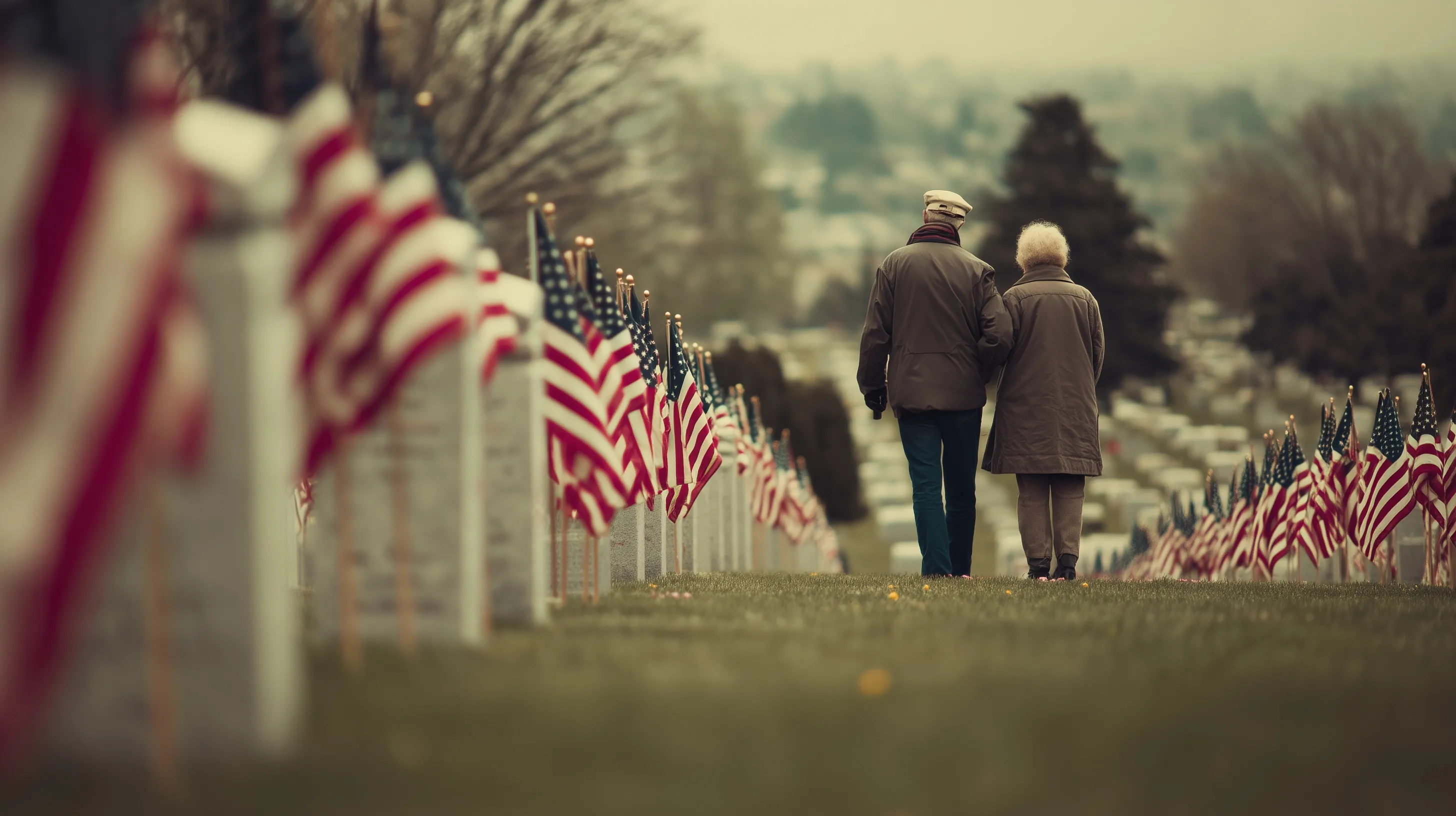 Mourners visiting a peaceful military cemetery with American flags on a sunny Memorial Day in the USA.