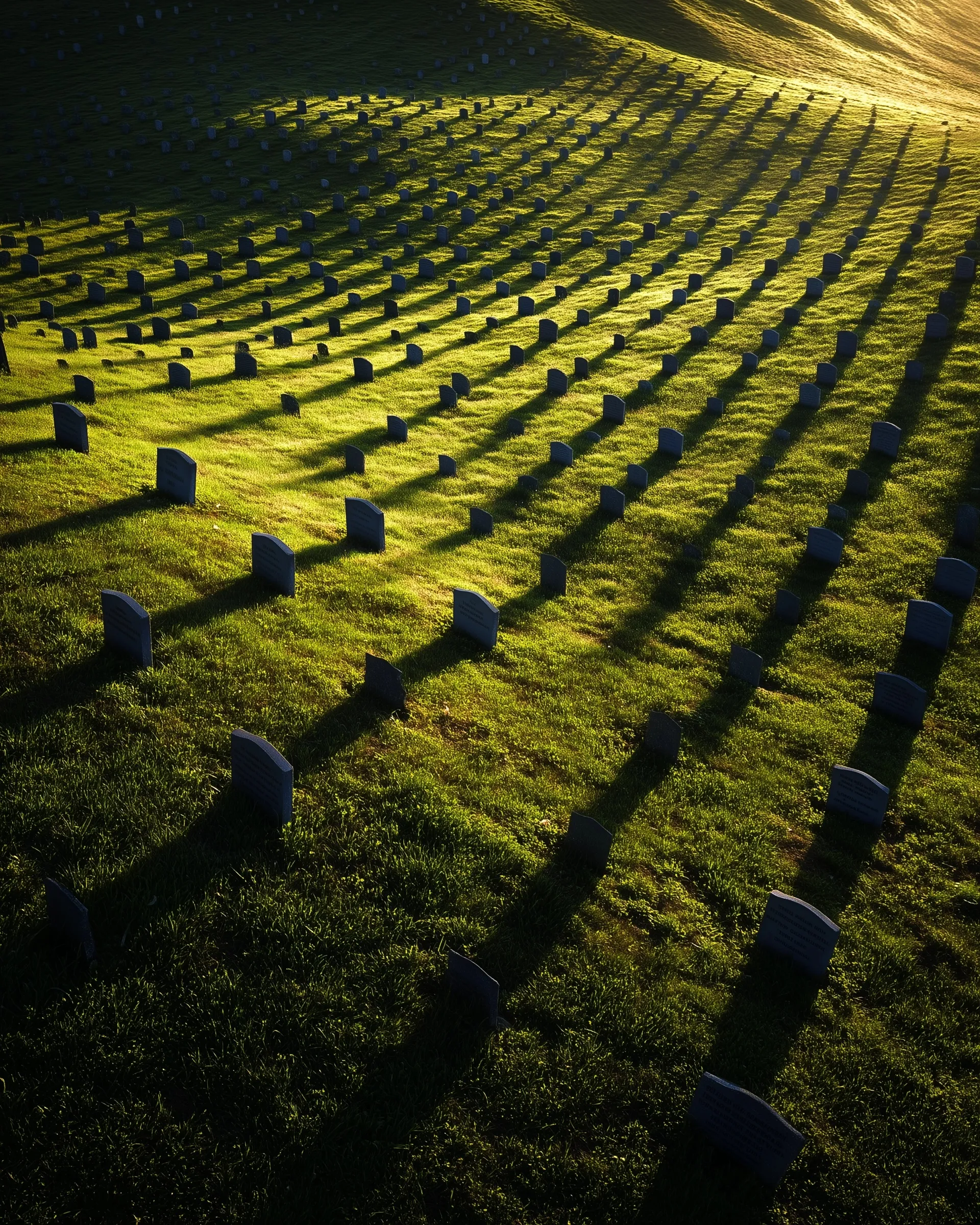 Shadows of headstones on a grassy hill forming a USA flag pattern for Memorial Day remembrance.