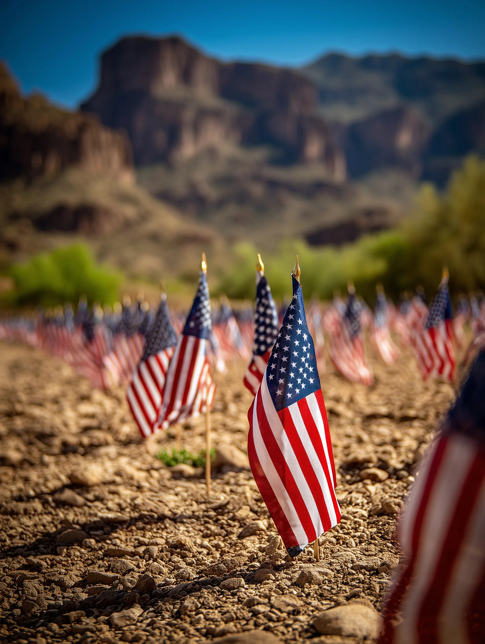 A peaceful Memorial Day tribute scene featuring American flags placed in the Arizona desert landscape.
