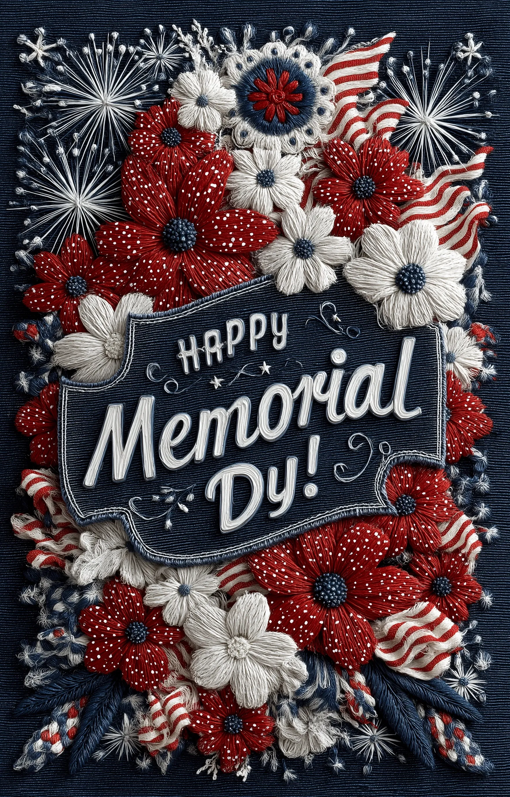 Festive Memorial Day background with American flag patterns, stars, and fireworks in bold red, white, and blue.