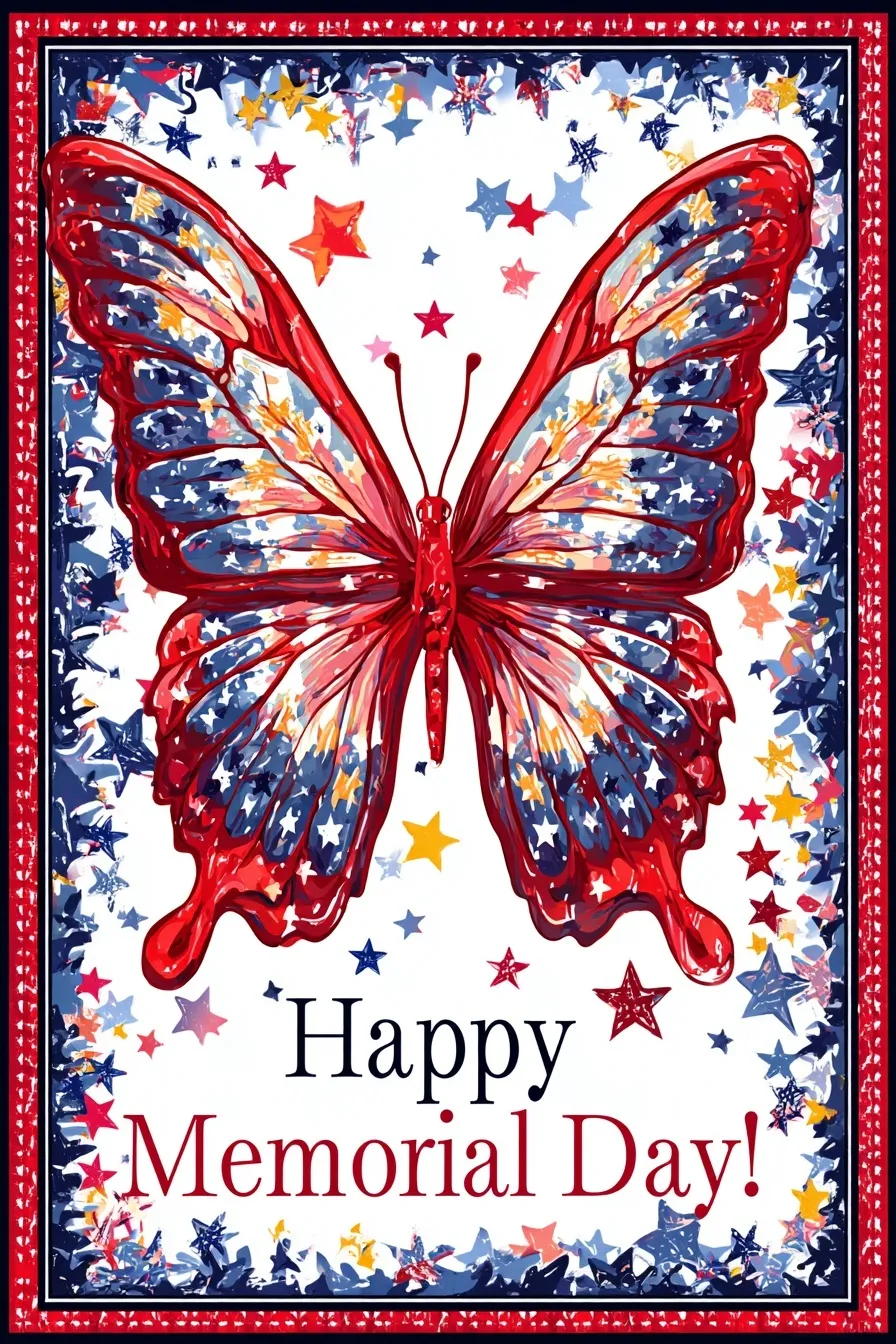 Red, white and blue butterfly clipart with stars inside an American flag frame for Memorial Day celebrations.