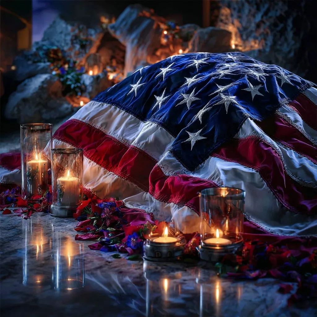 A somber oil painting of a folded American flag resting on a marble memorial with glowing candlelight.