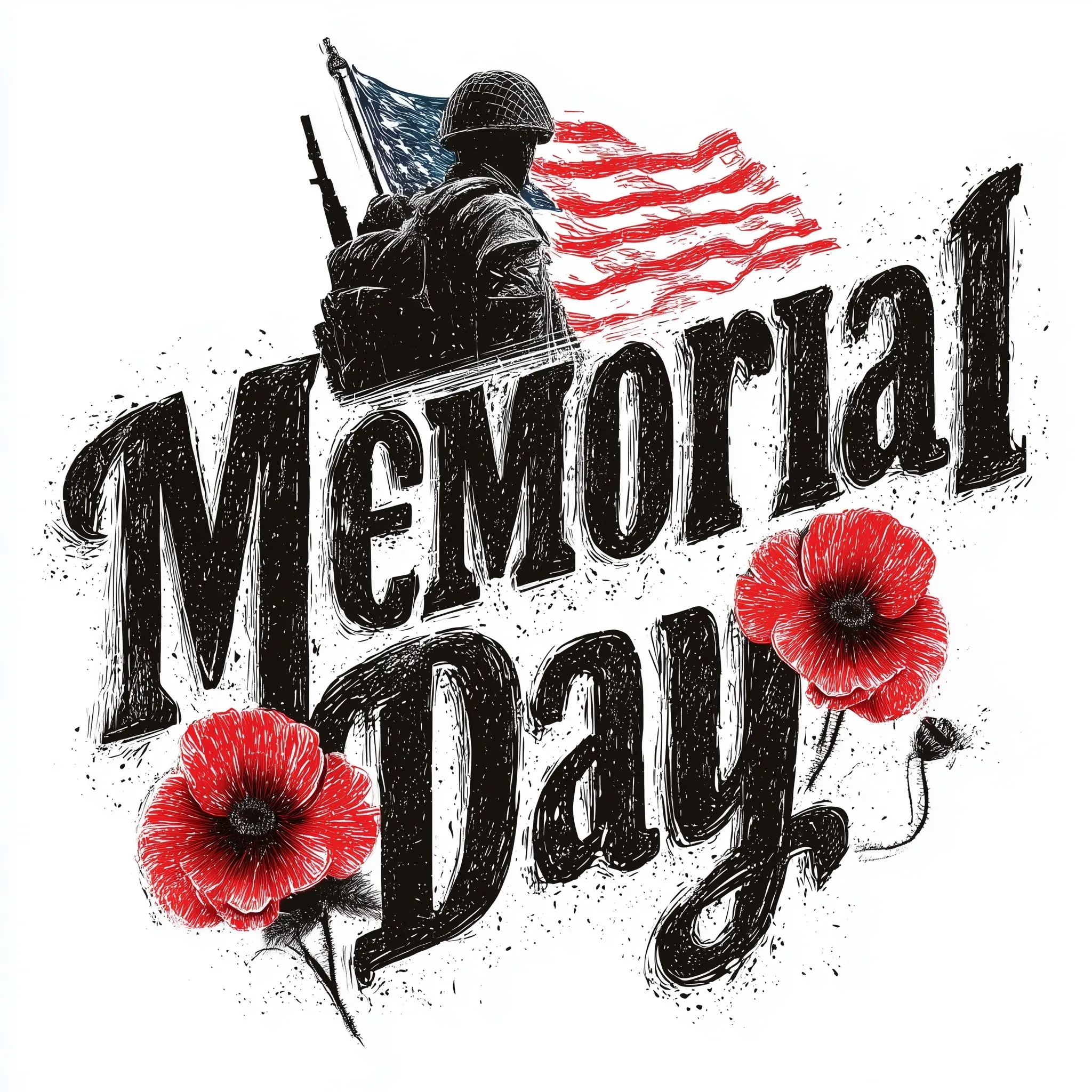 Memorial Day T-shirt design with American flag typography, soldier silhouette, and red poppies on white background.