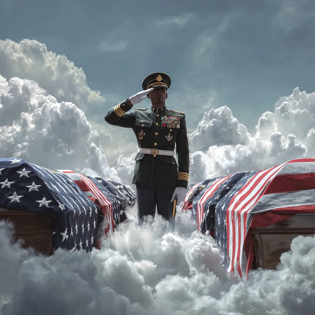 A photorealistic image of a US soldier in uniform saluting fallen comrades in coffins draped in American flags.