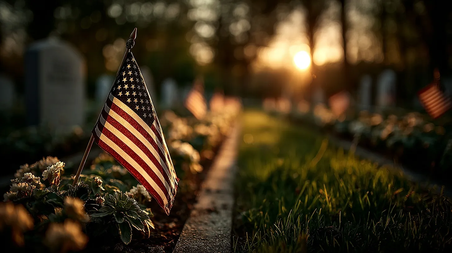 American flag standing among rows of white military tombstones in a peaceful cemetery at sunrise.