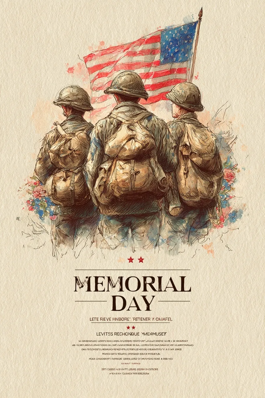 Watercolor Memorial Day poster featuring soldiers, US flag, and patriotic text on a textured beige burlap background.