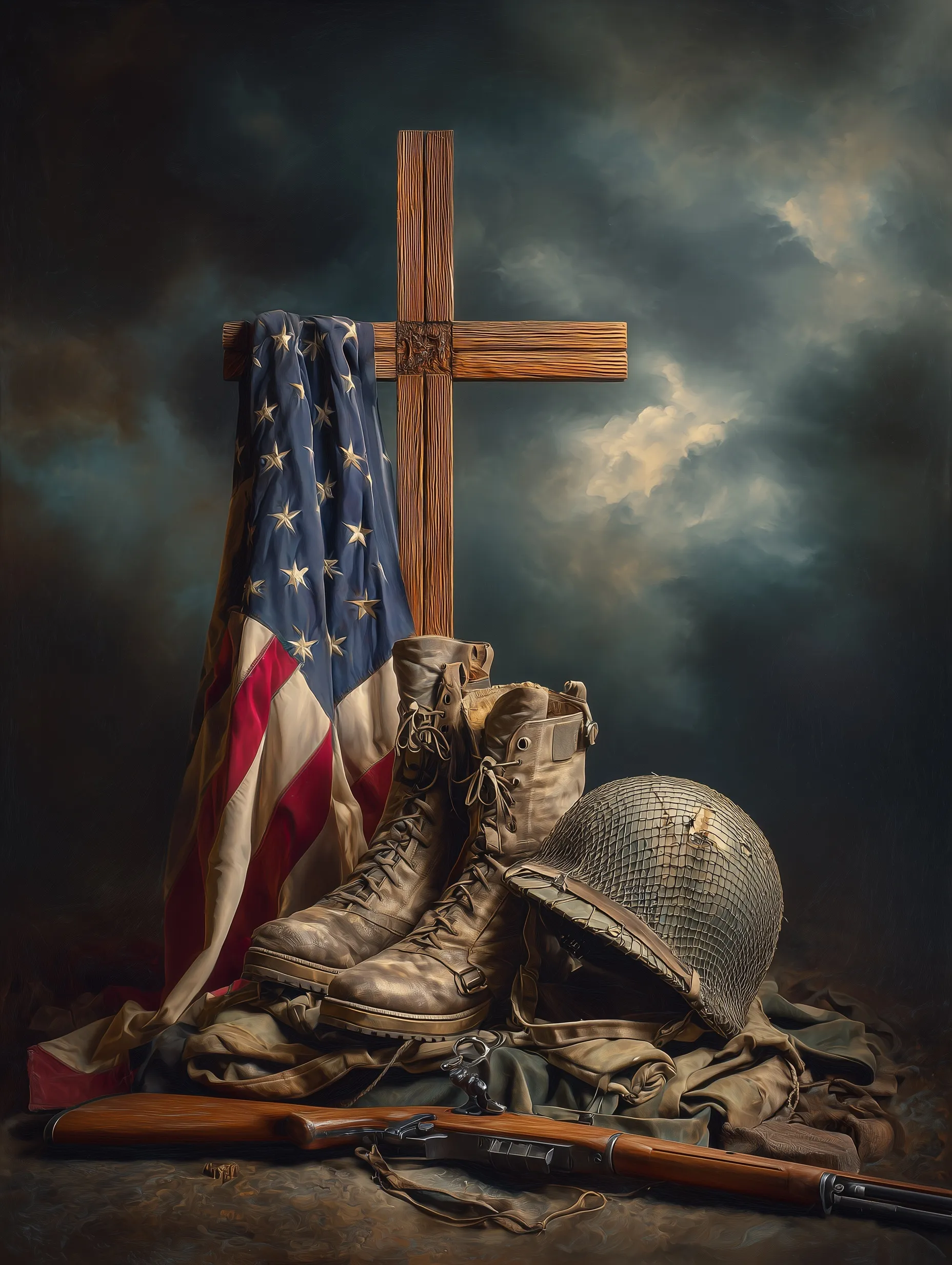 Vintage oil painting of a military memorial with an American flag, combat boots, and rifle under stormy skies.