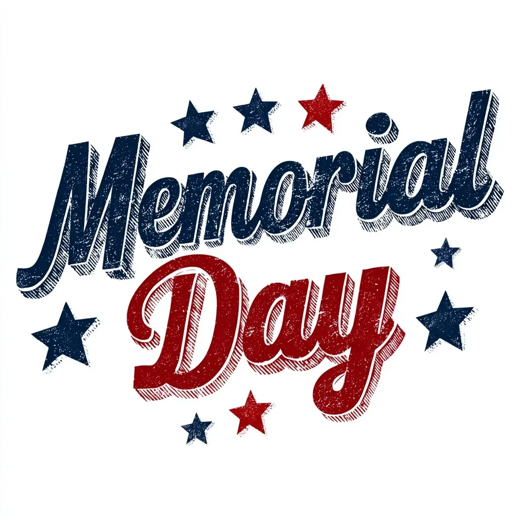 Patriotic Memorial Day text in red, white, and blue with stars isolated on a white background.