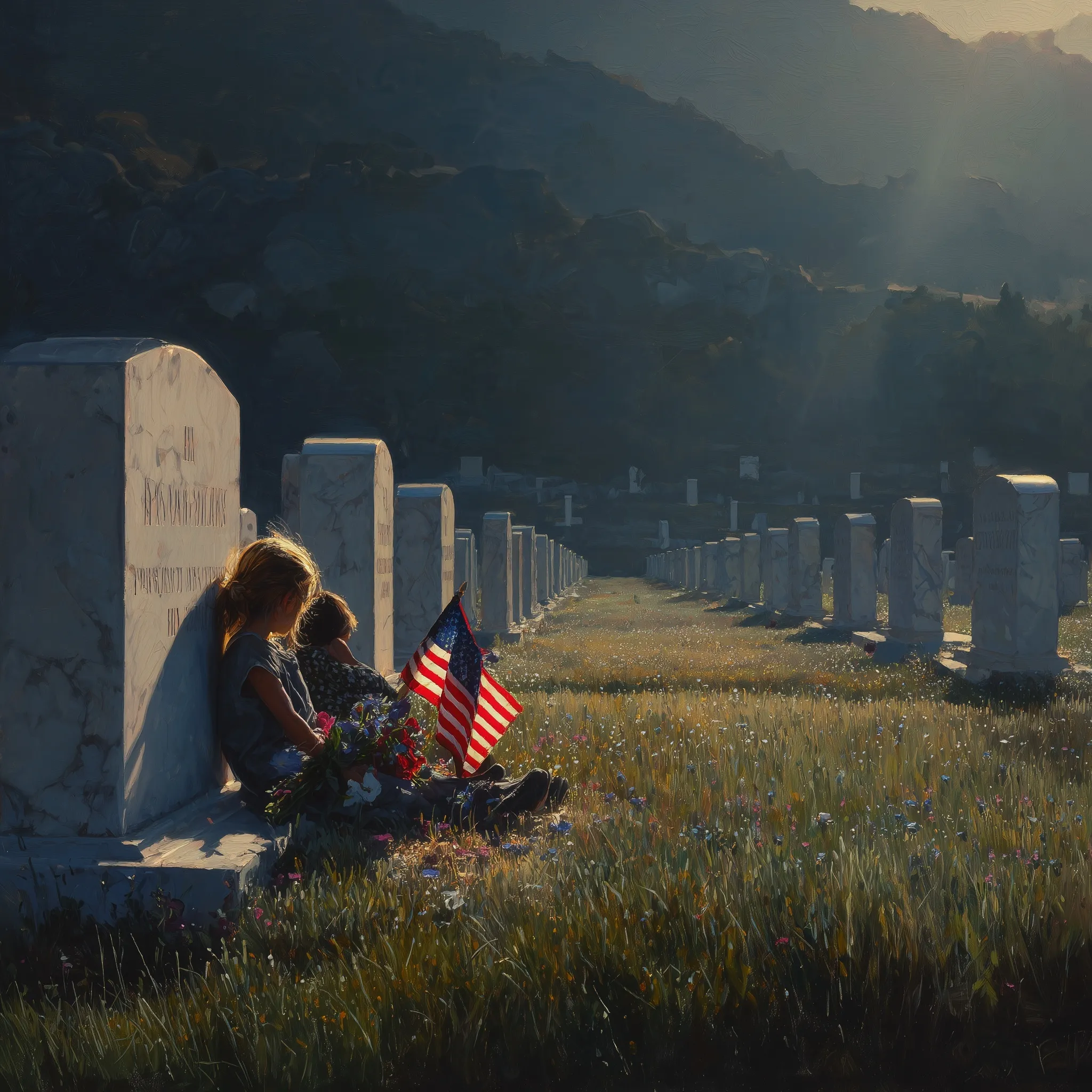 A young mother and child visit a military cemetery on Memorial Day, with American flags by white marble grave markers.