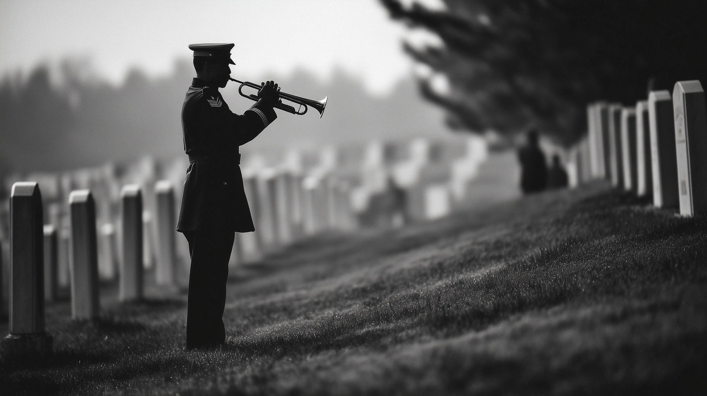A military bugler plays Taps in a cemetery with a silhouette against rows of white headstones on Memorial Day.
