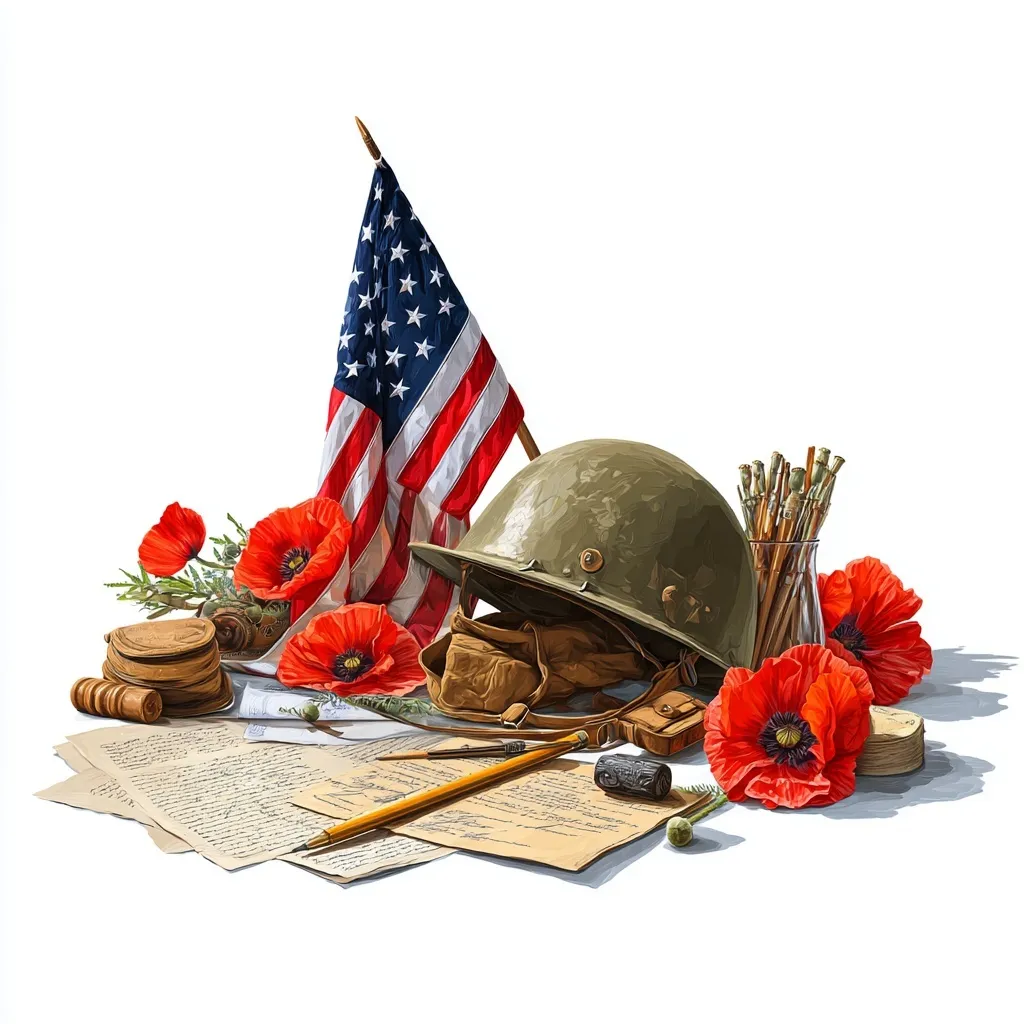 American flag, poppy flowers, and a soldier's helmet on a desk to commemorate Memorial Day in a detailed illustration.