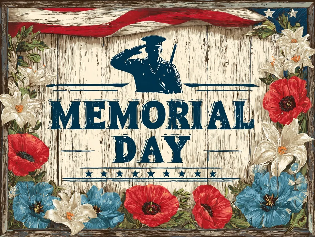 Vector illustration of a saluting US Marine with American flag, poppies, and memorial candle on weathered wood.