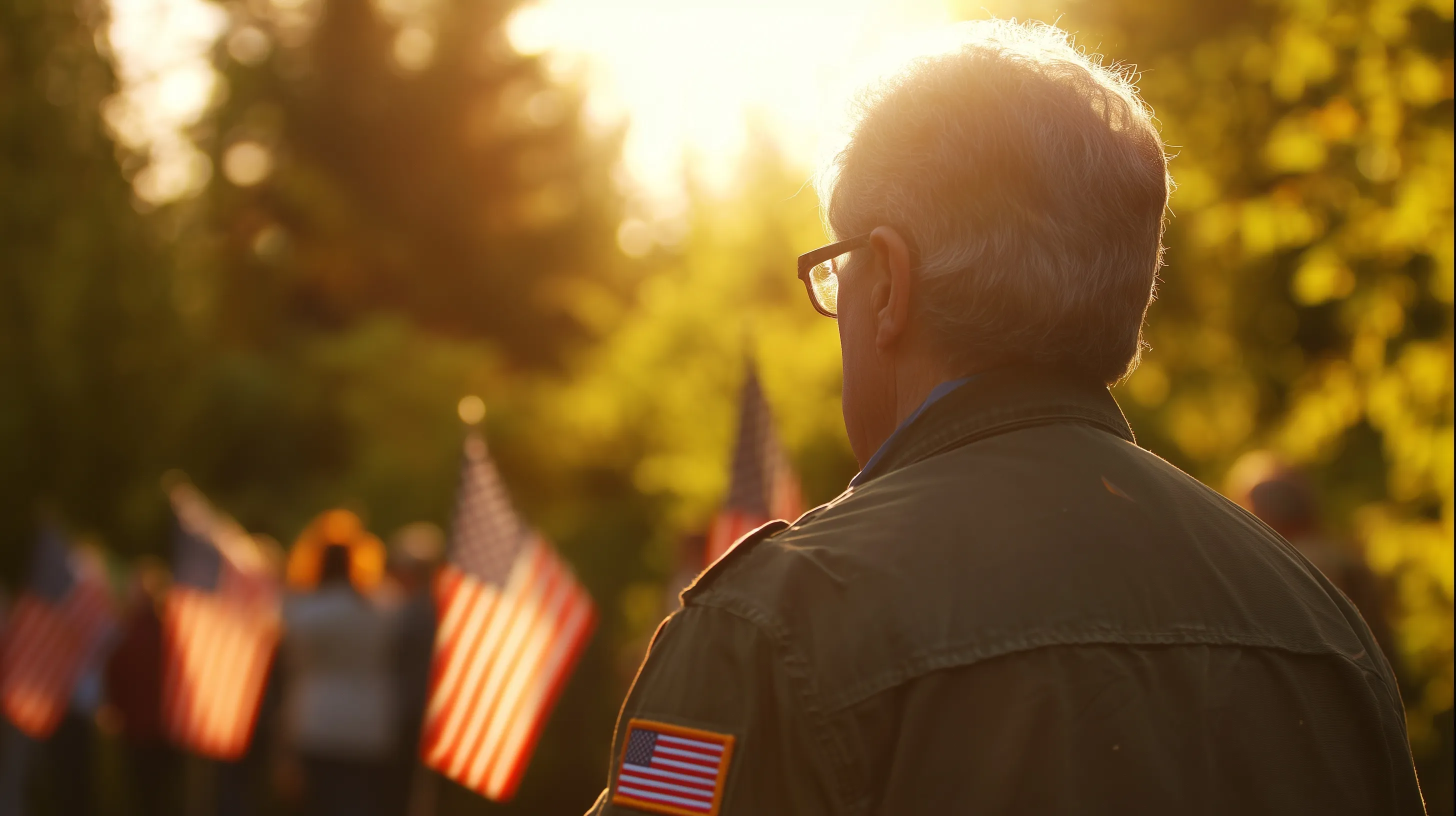 Older veteran in olive uniform with American flag patch standing at a sunny Memorial Day patriotic event.