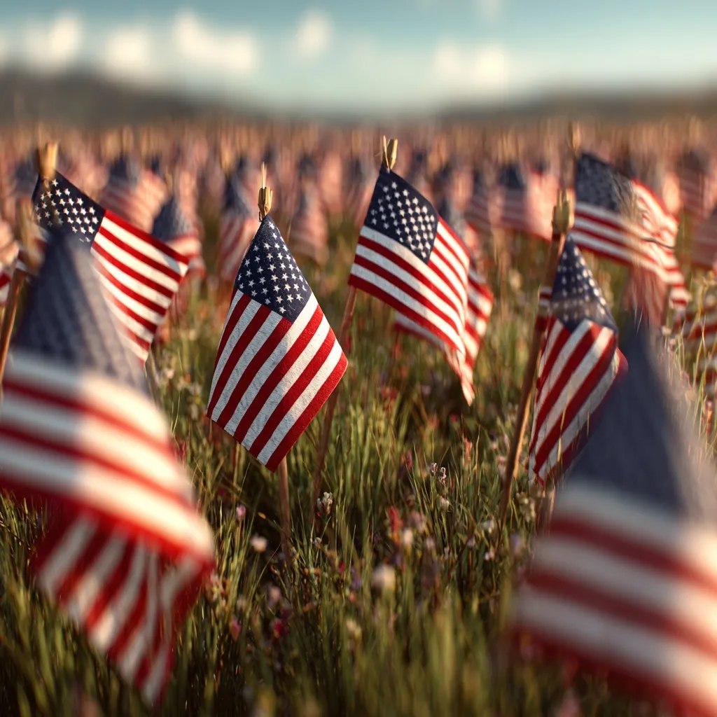 Rows of small American flags planted in a lush green grass field for Memorial Day USA.