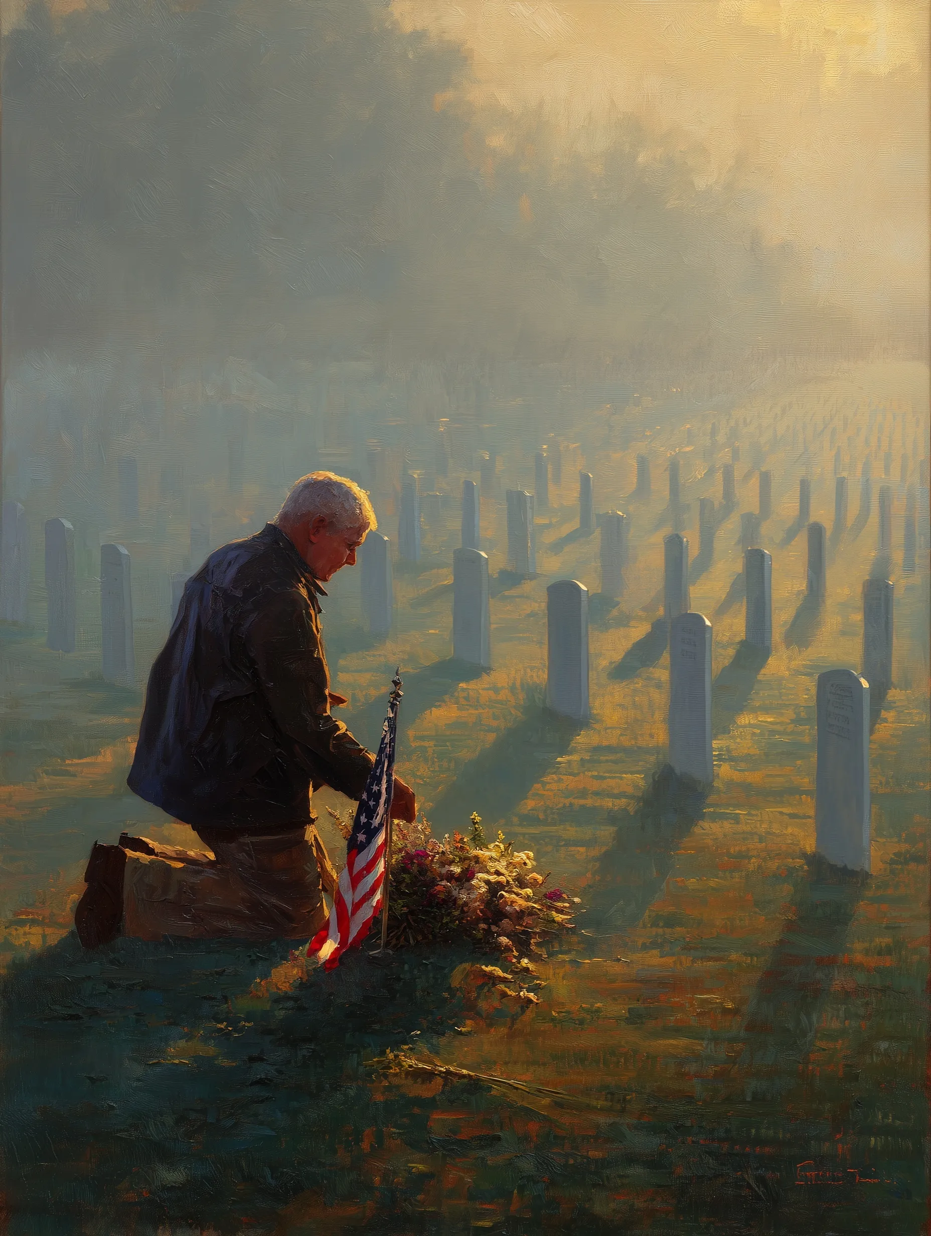 Elderly Vietnam veteran in a jacket placing flowers by an American flag at Arlington National Cemetery at dawn.