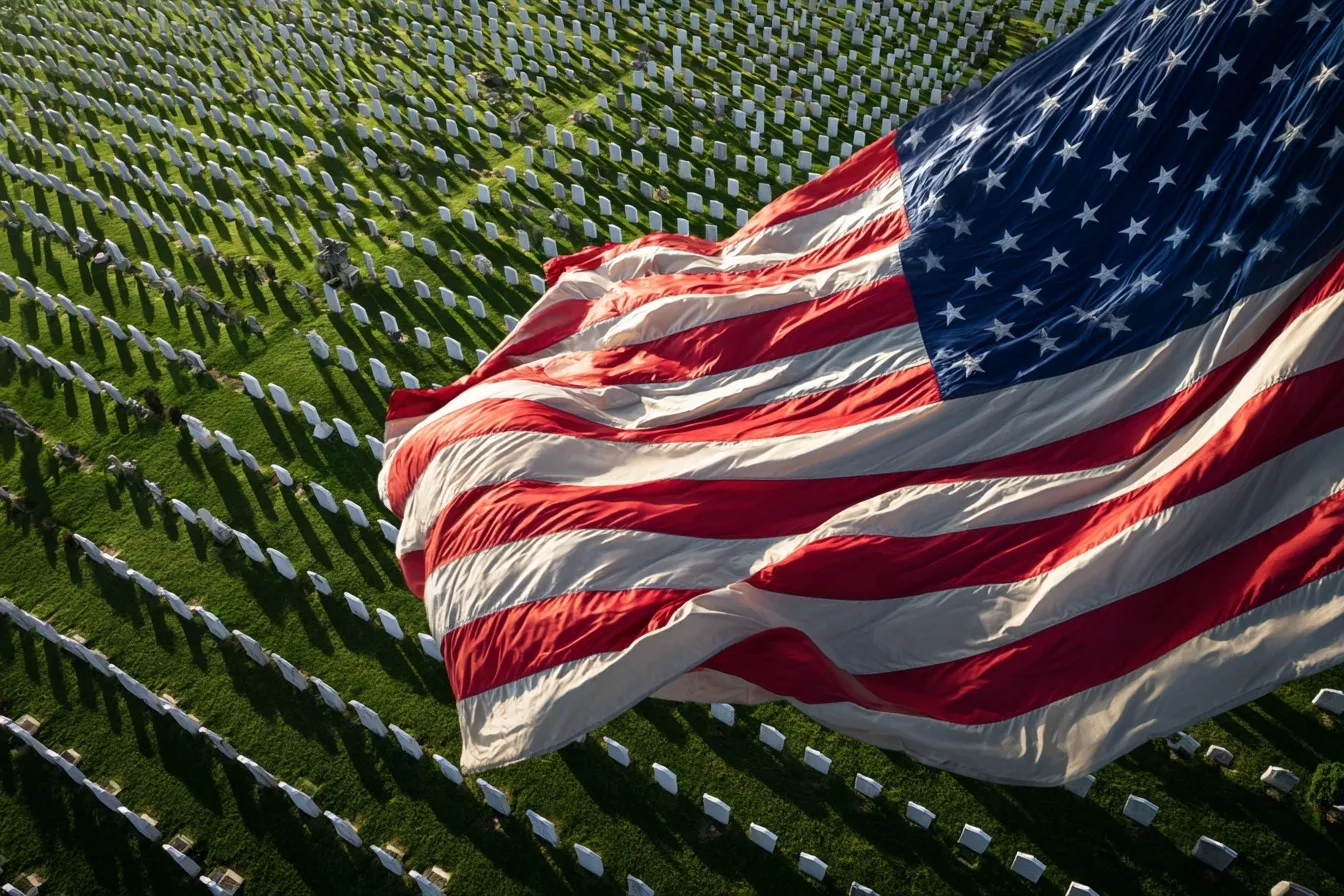 Overhead view of a large American flag waving above white headstones and green grass at Arlington National Cemetery.