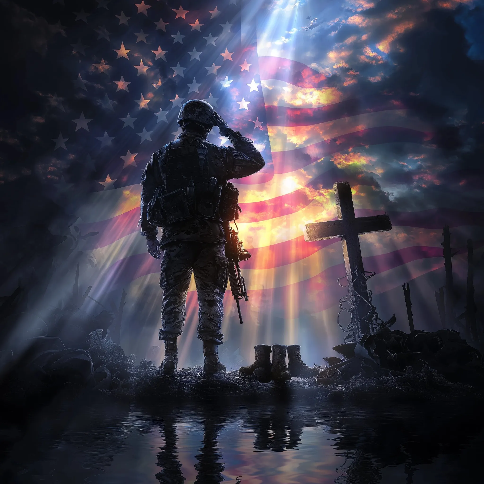 A soldier saluting a battlefield cross with a faded American flag in the background during a somber Memorial Day.