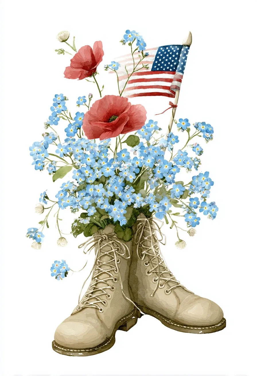 Whimsical illustration of red poppies, blue forget-me-nots, and an American flag in tan military combat boots.