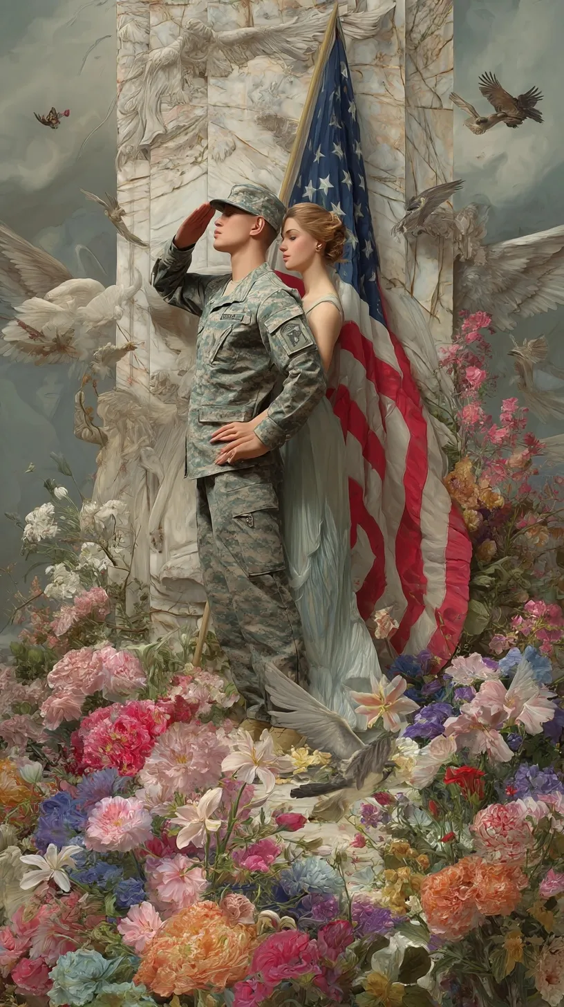 A digital painting of a soldier and his wife saluting the American flag surrounded by blooming flowers.