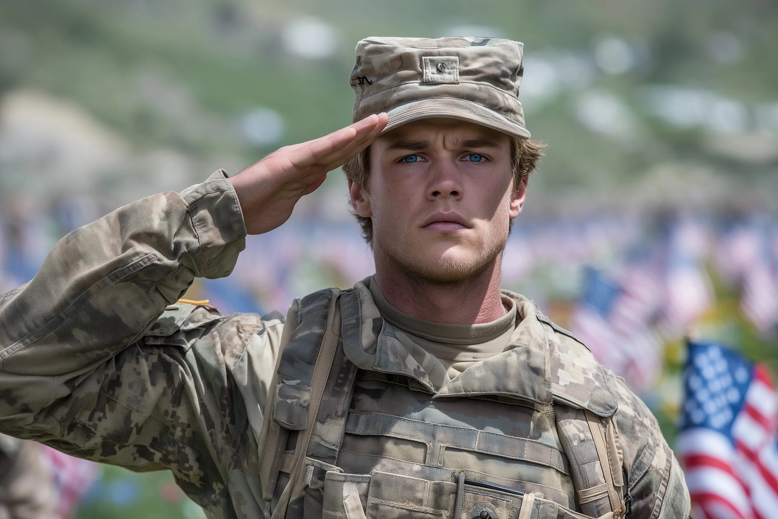 Soldiers saluting and families placing flowers at a Memorial Day tribute in a cemetery with American flags.