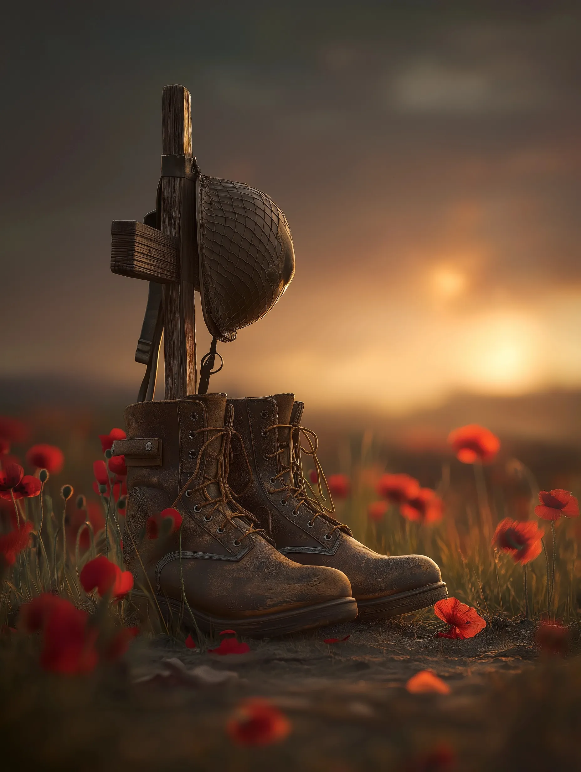 A battlefield cross with boots, rifle, and helmet surrounded by red poppies in a field at sunset.