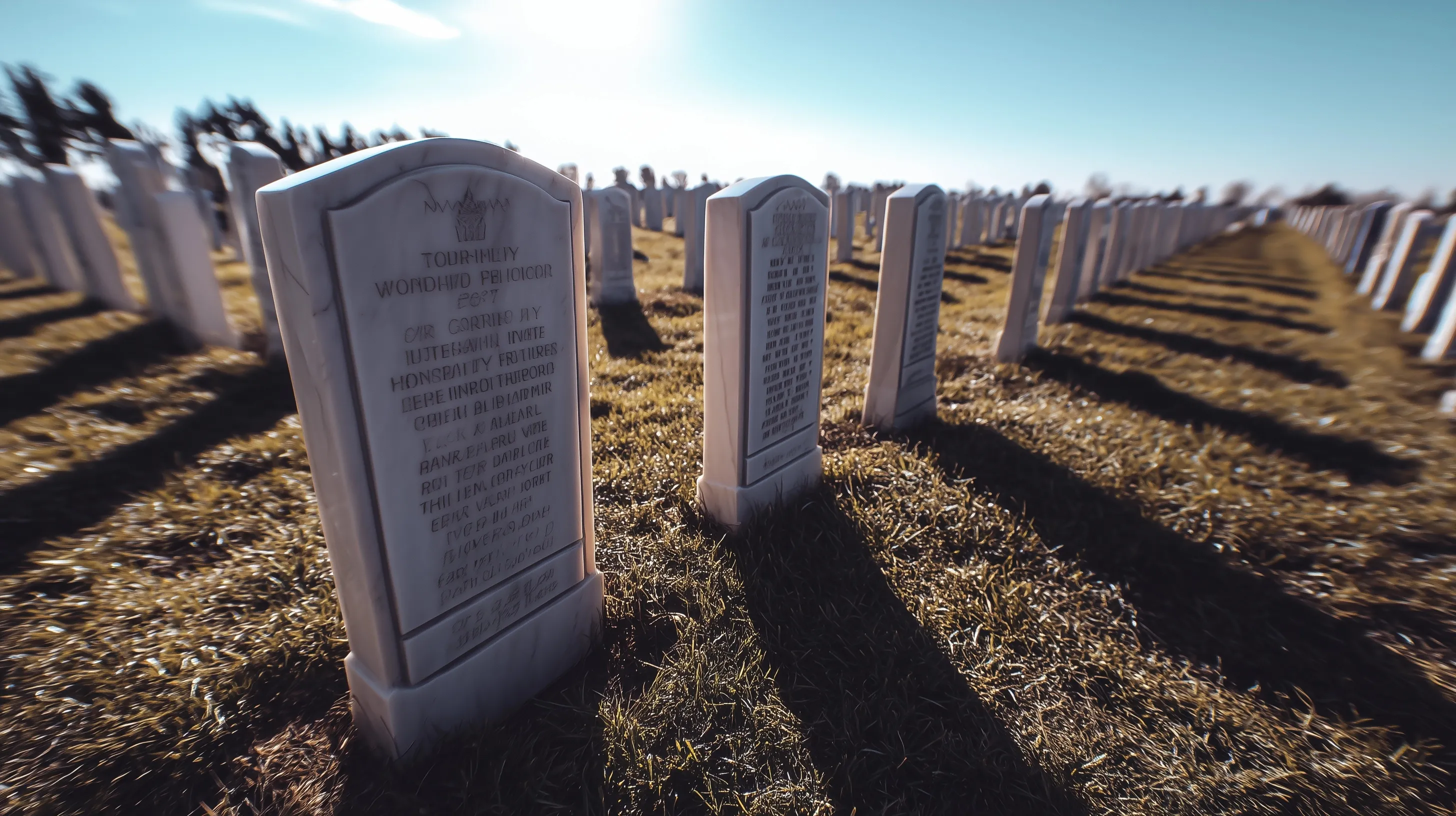 Rows of white headstones in a Veterans cemetery on Memorial Day with a shallow depth of field.