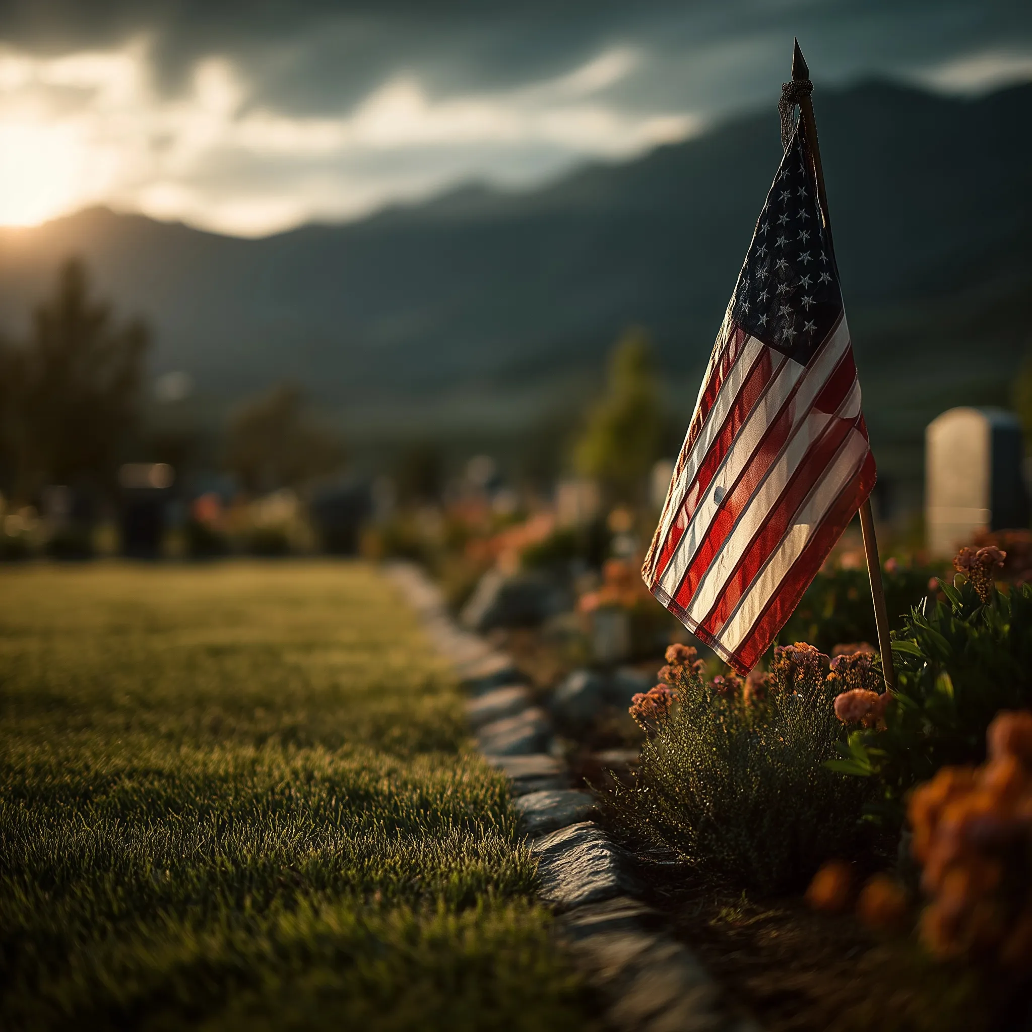 American flag at half-staff over a peaceful military cemetery during Memorial Day in the USA.