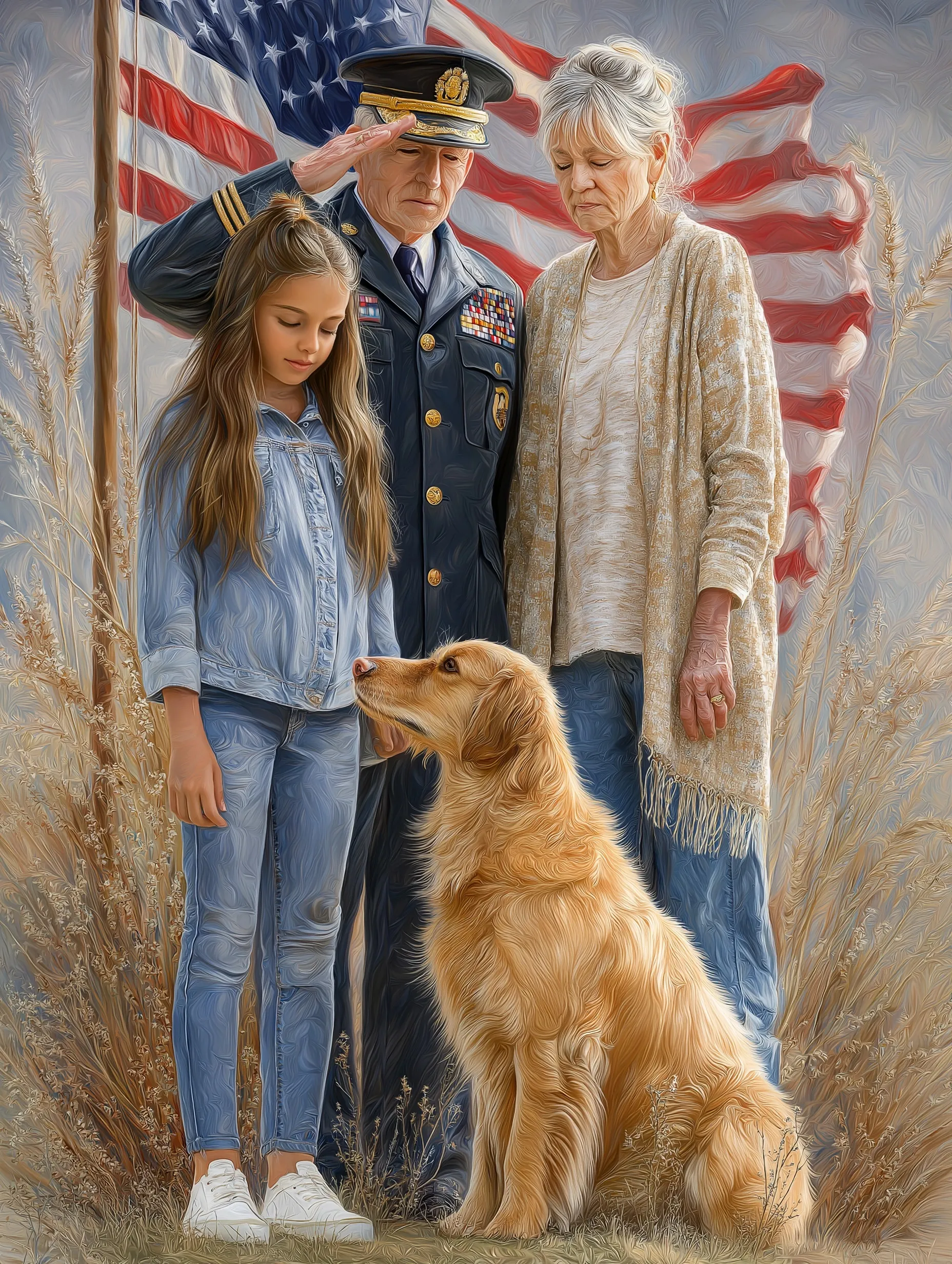 Military family with a golden retriever saluting at an American flag at half-mast for Memorial Day.