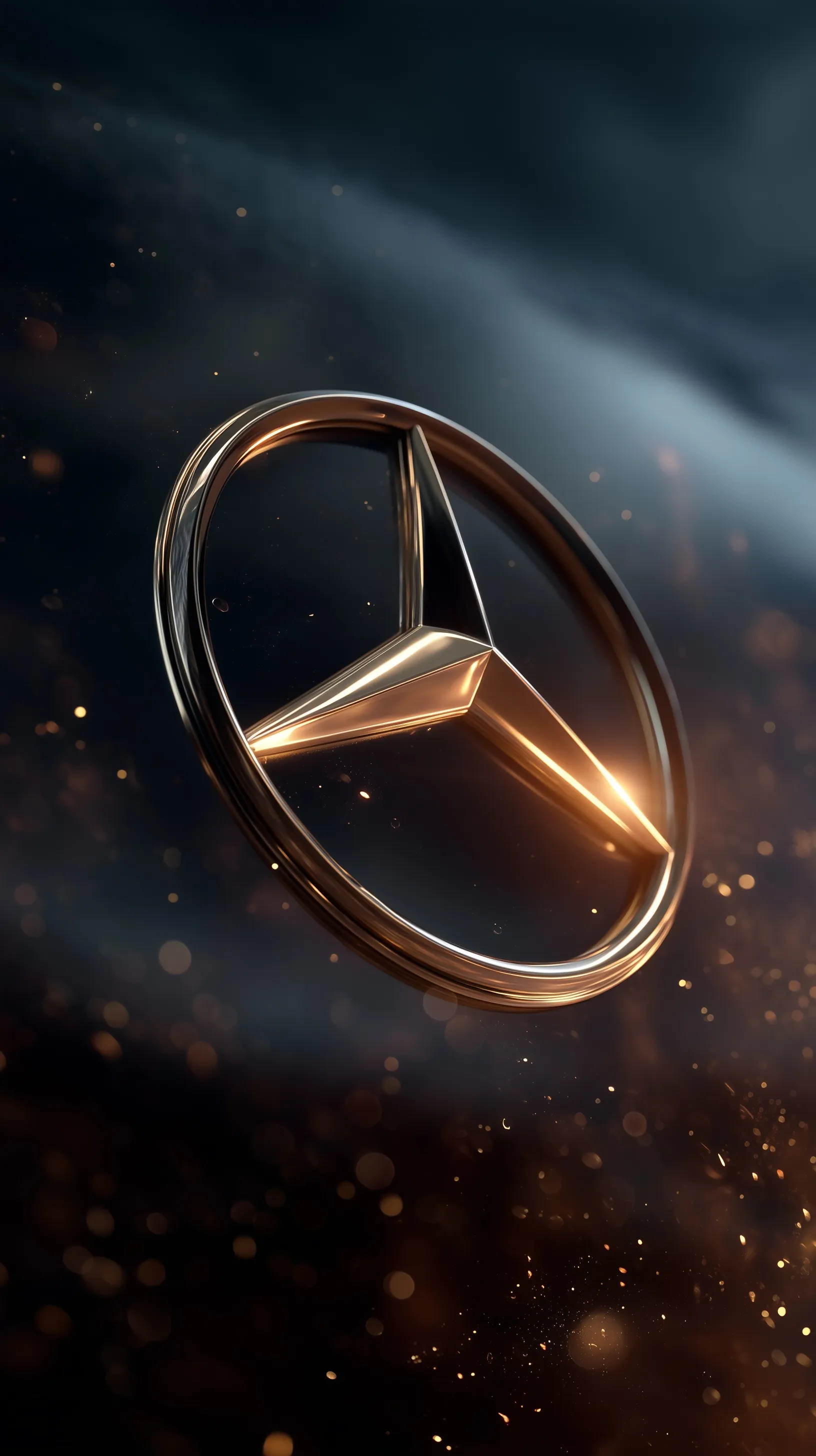Sharp Mercedes-Benz logo on a dark background with shimmering particles for iPhone wallpaper, cinematic style.