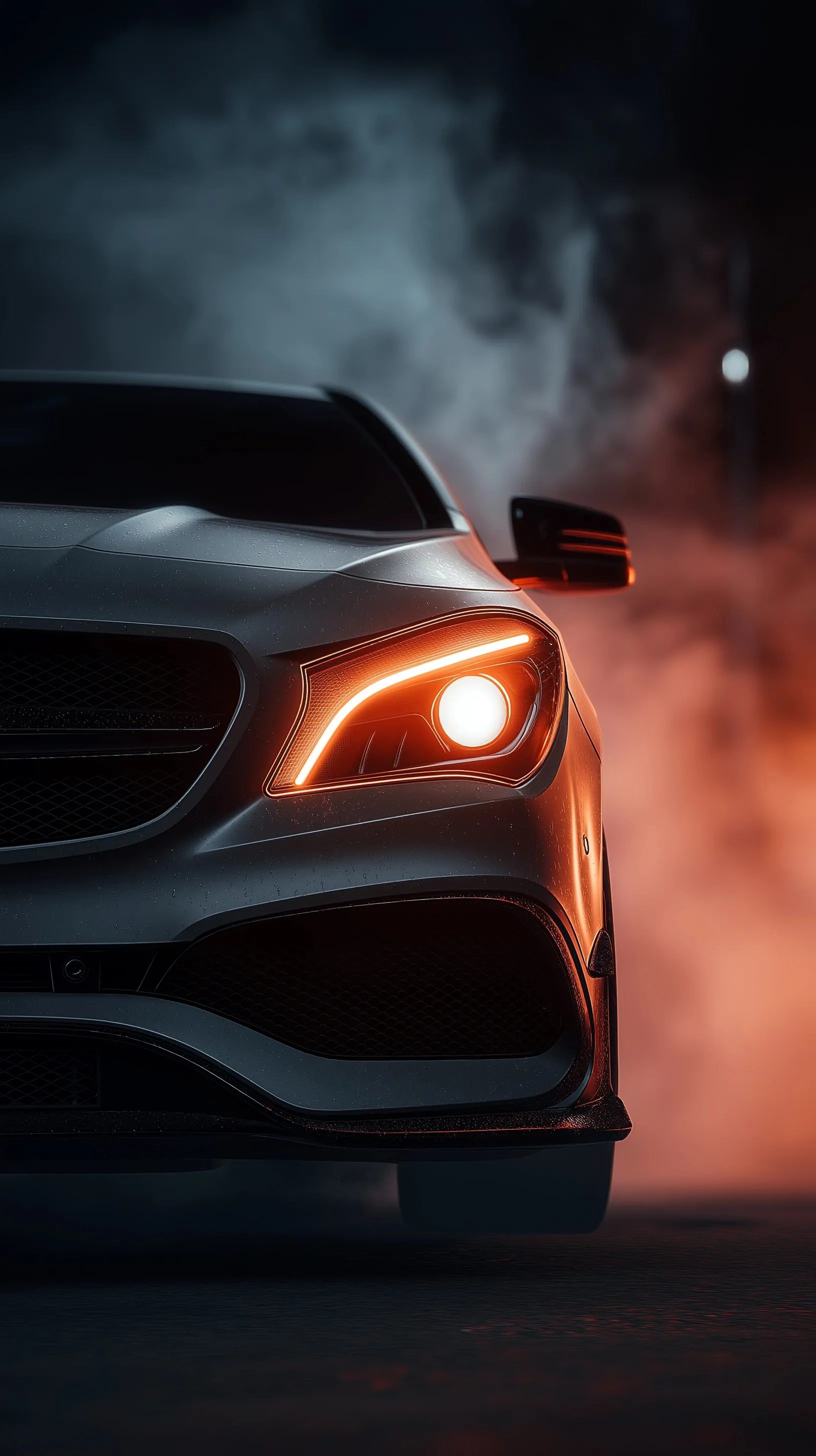 Electric Mercedes CLA in a cinematic night scene with glowing headlights and atmospheric smoke background.