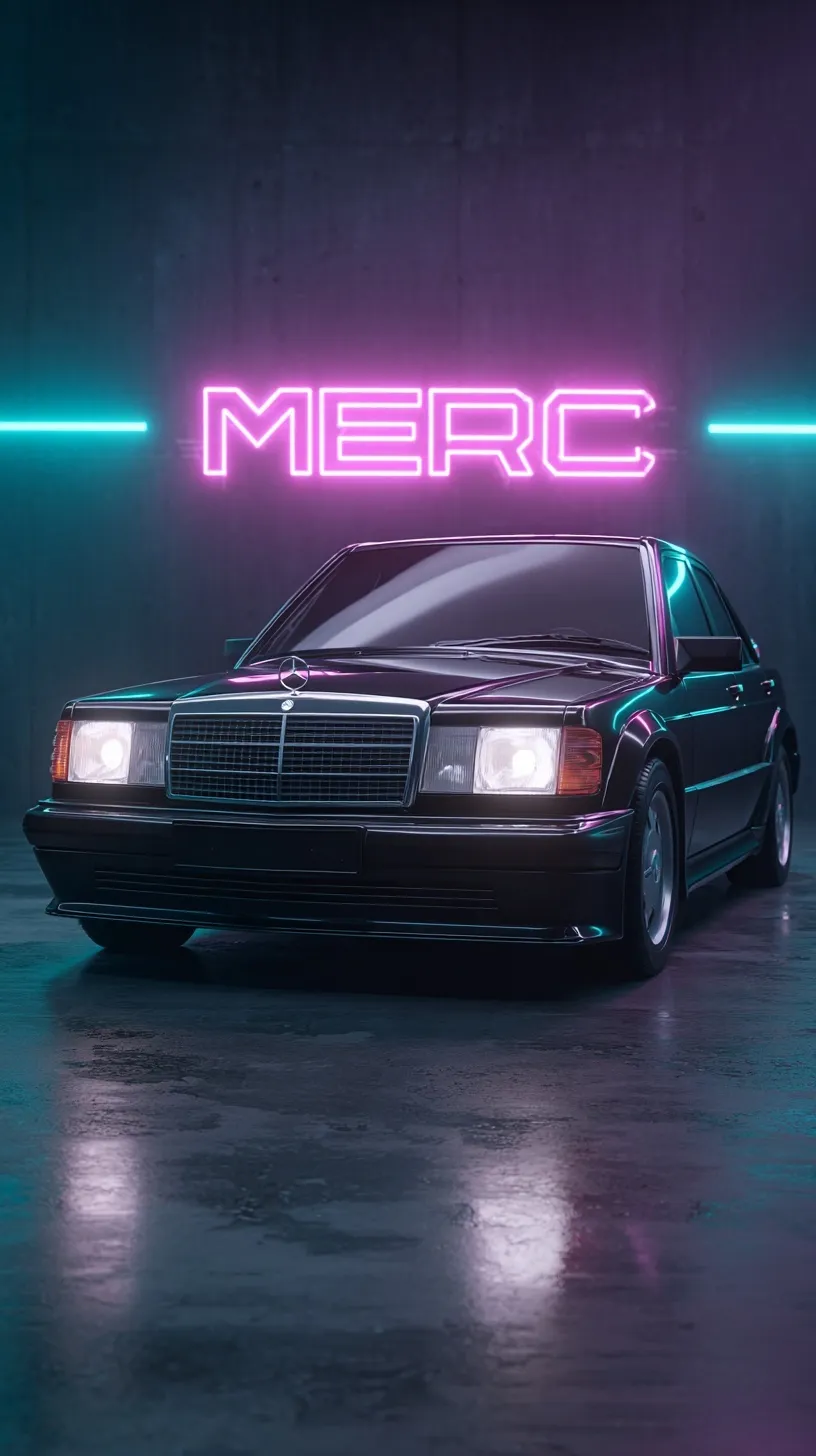 A sleek black Mercedes 190e stanced car in a neon futuristic setting with MERC neon sign, 3D cinematic render.