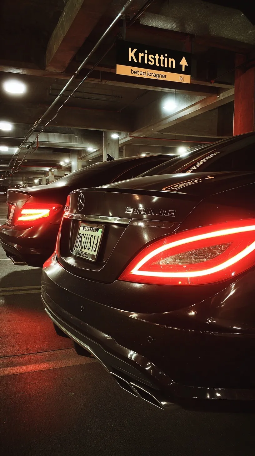 Black 2014 Mercedes-Benz W253 AMG parked in a dark, empty garage with glowing red taillights at night.