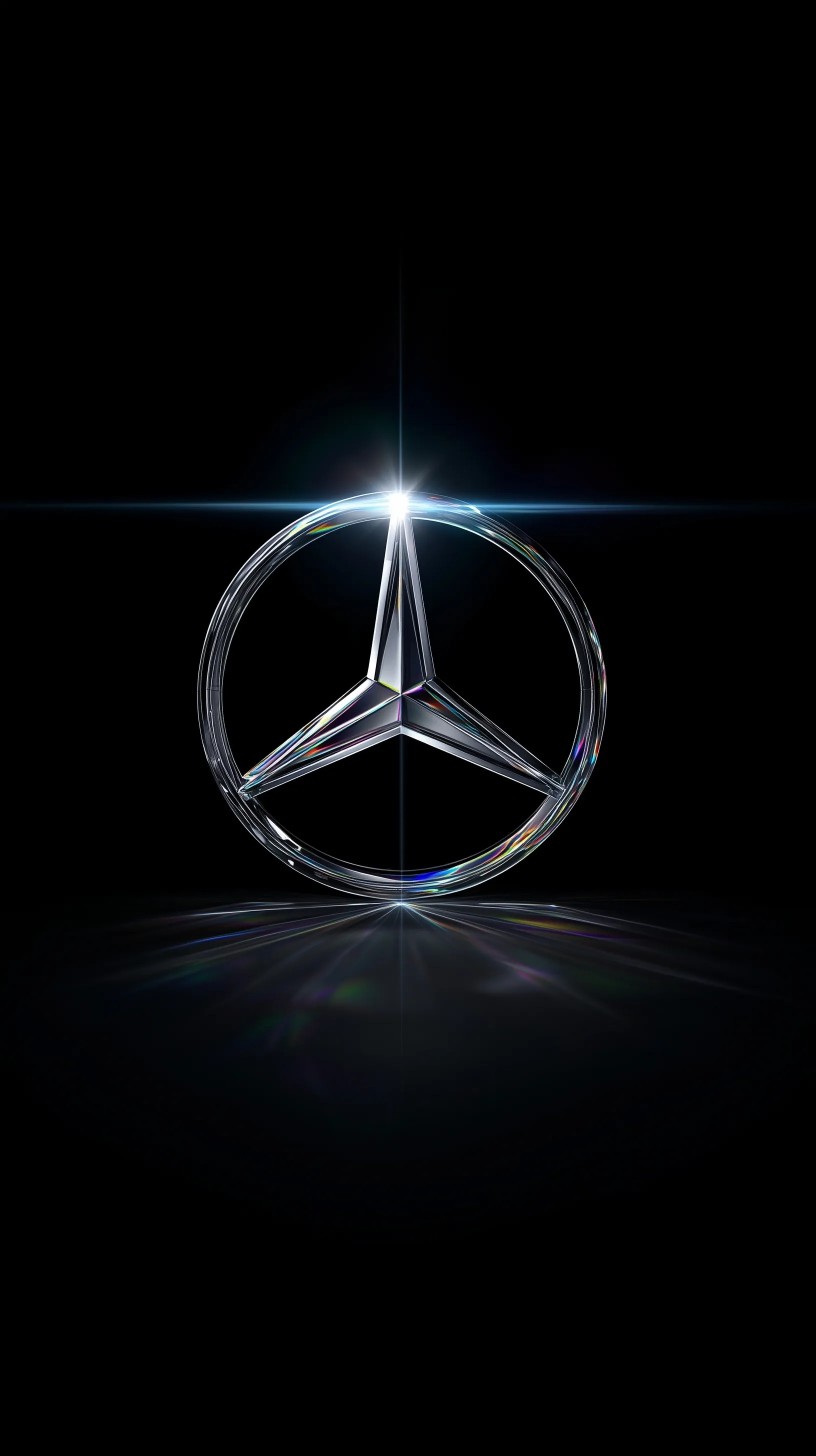 Minimalist crystal Mercedes logo wallpaper for iPhone with glowing steel star and dark gradient background.