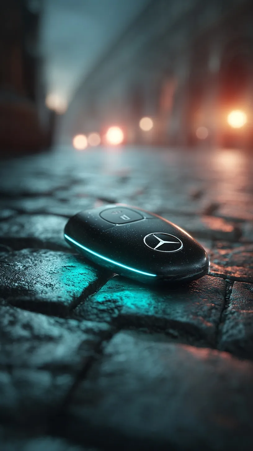 Futuristic Mercedes-Benz smart key glowing with cyan light on a wet, cinematic cobblestone street.