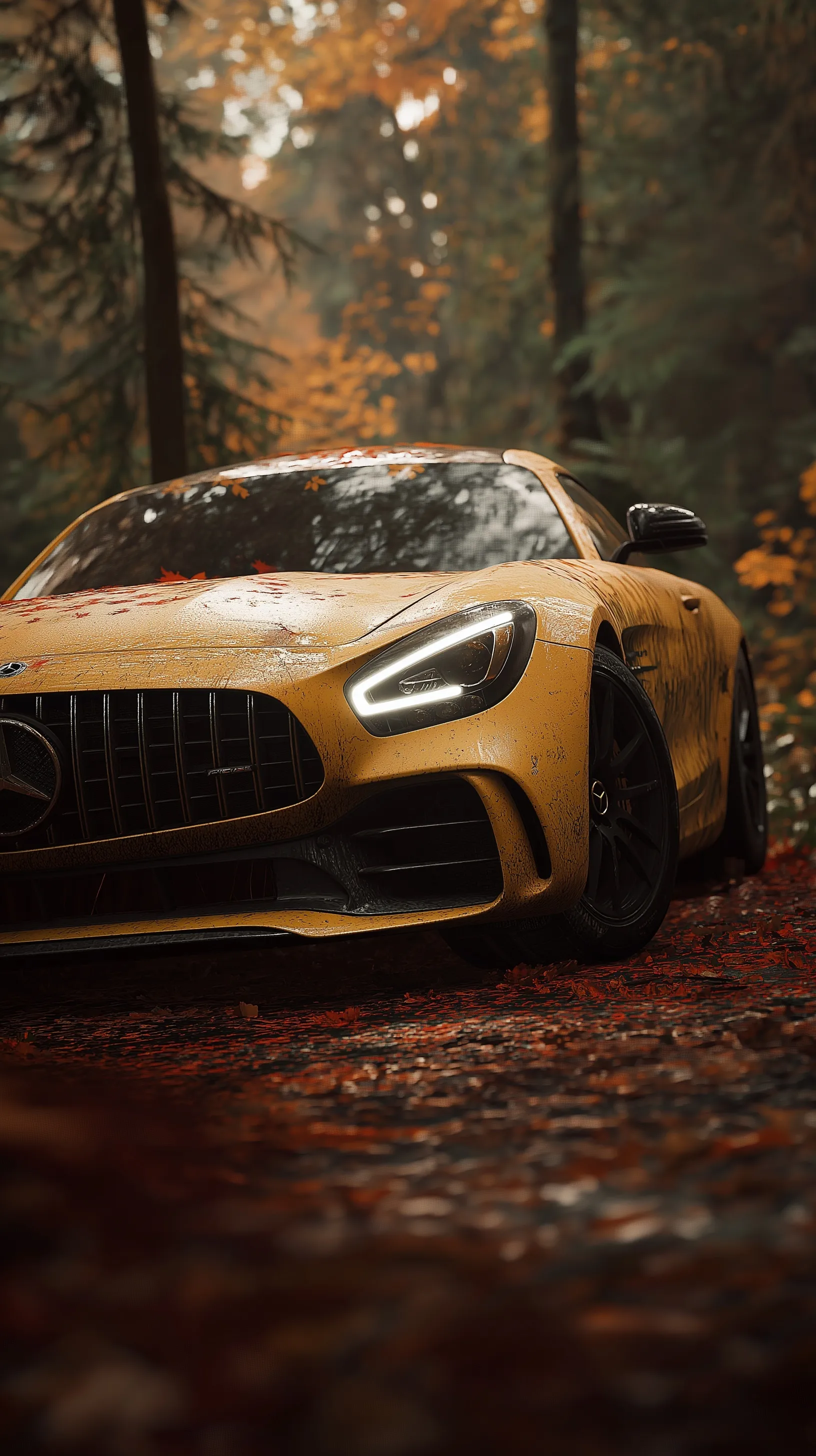 A yellow Mercedes-AMG GT parked on a forest floor with autumn leaves, 4K mobile wallpaper.