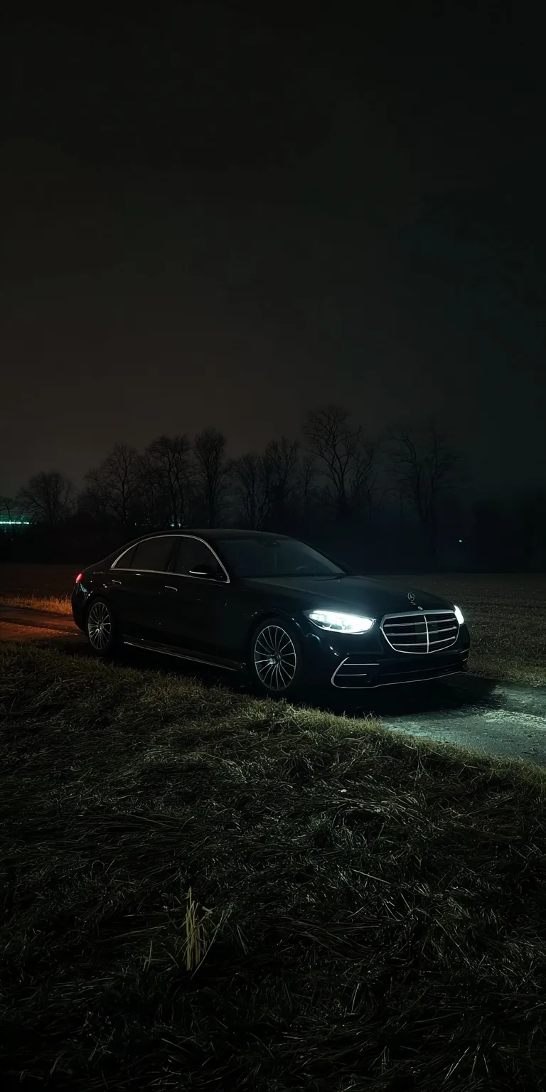 A sleek, all-black 2024 Mercedes-Benz S-Class parked on a dark German field road at midnight.