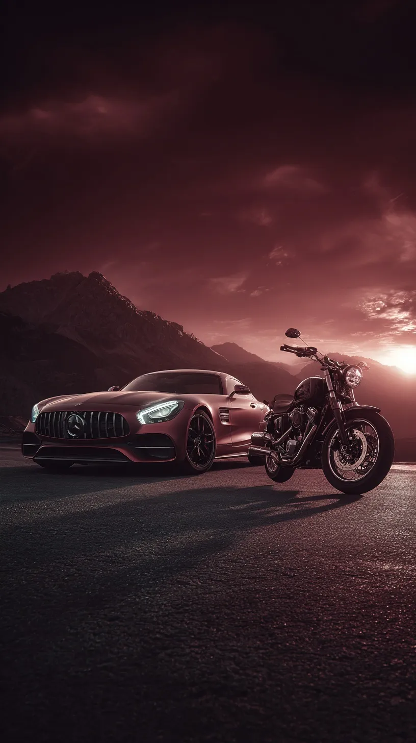 Luxury Mercedes car and motorcycle on a road under a dramatic, cinematic burgundy night sky.