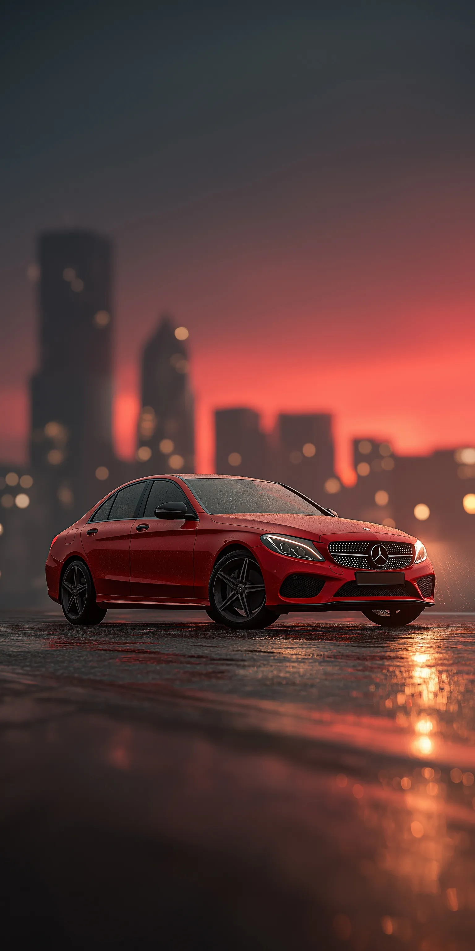 A red Mercedes C180 parked on wet asphalt with a glowing city skyline in the background, cinematic 3:2 wallpaper.