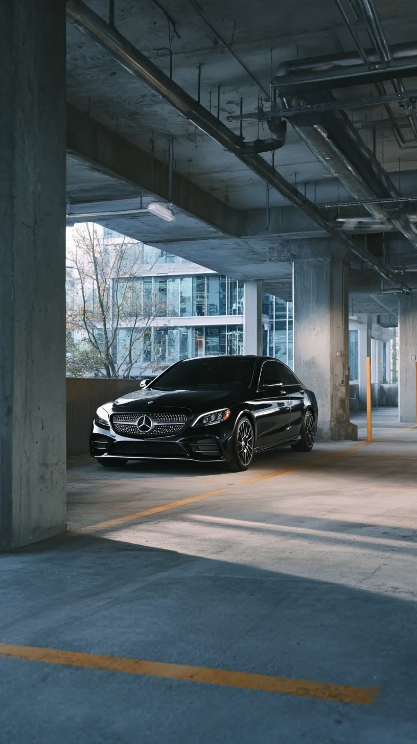A sleek black Mercedes-Benz sedan parked in a minimalist urban parking lot, cinematic daytime automotive photography.