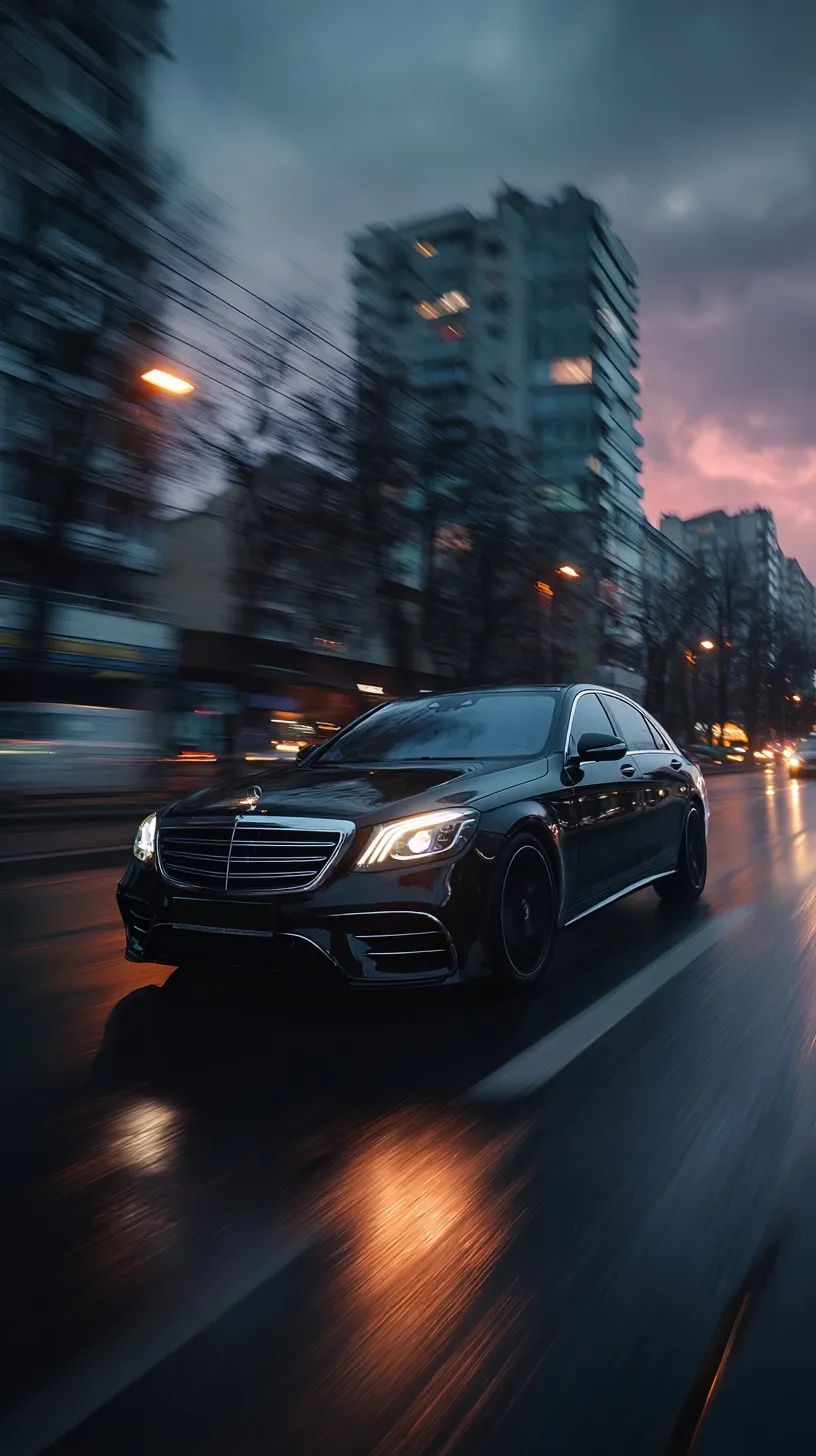 A sleek black Mercedes-Benz W222 with a StarLink dish driving through Kyiv at dusk with cinematic motion blur.