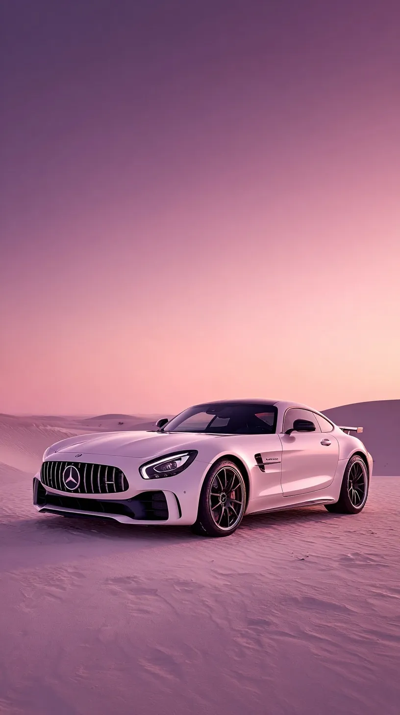 White Mercedes-AMG GTR parked on white sand desert under a dramatic dark purple sky with soft pink lighting.