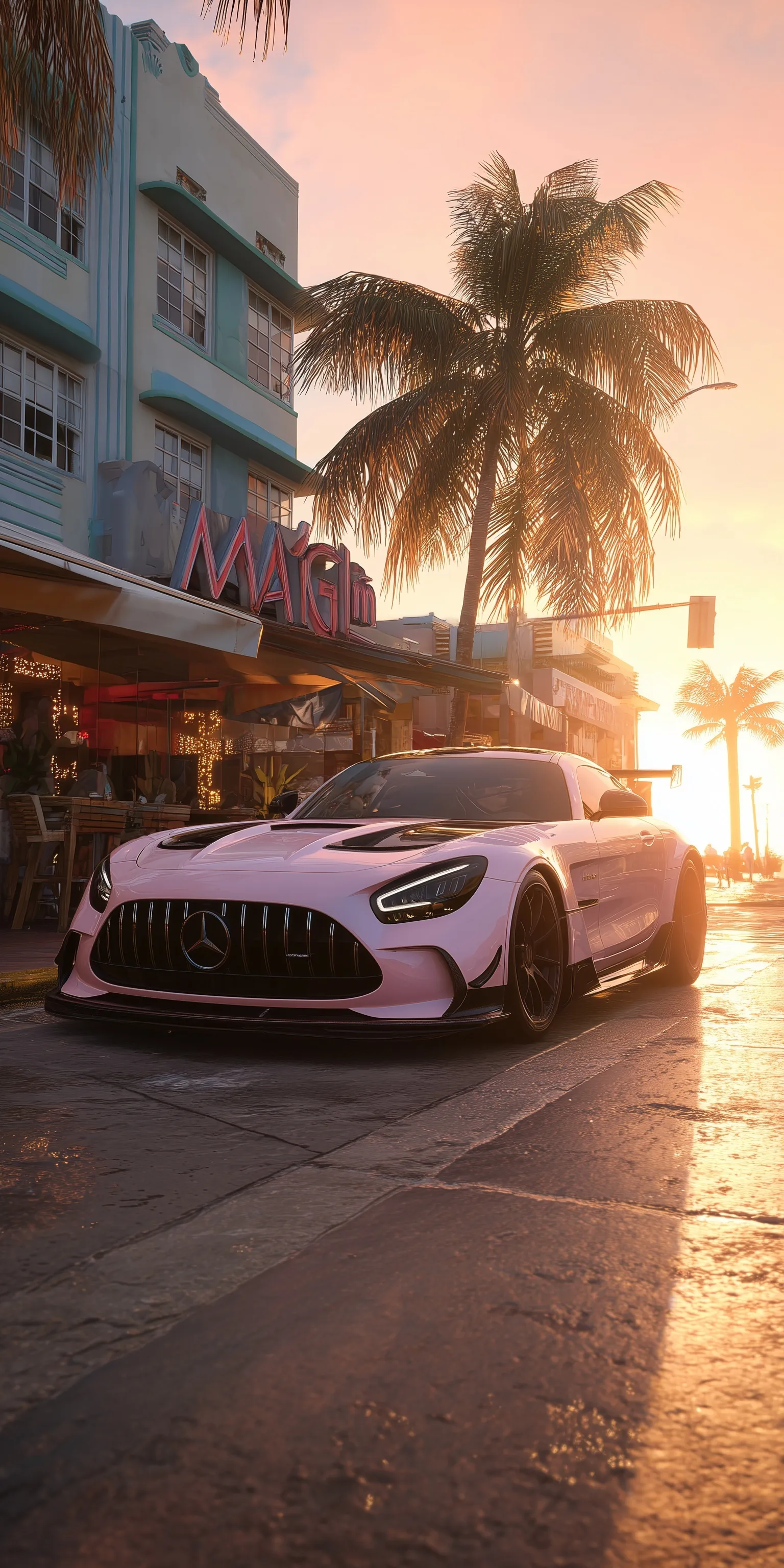 A sleek Mercedes-Benz AMG Motorsport car against a vibrant Miami beach background with aesthetic pink sunset hues.