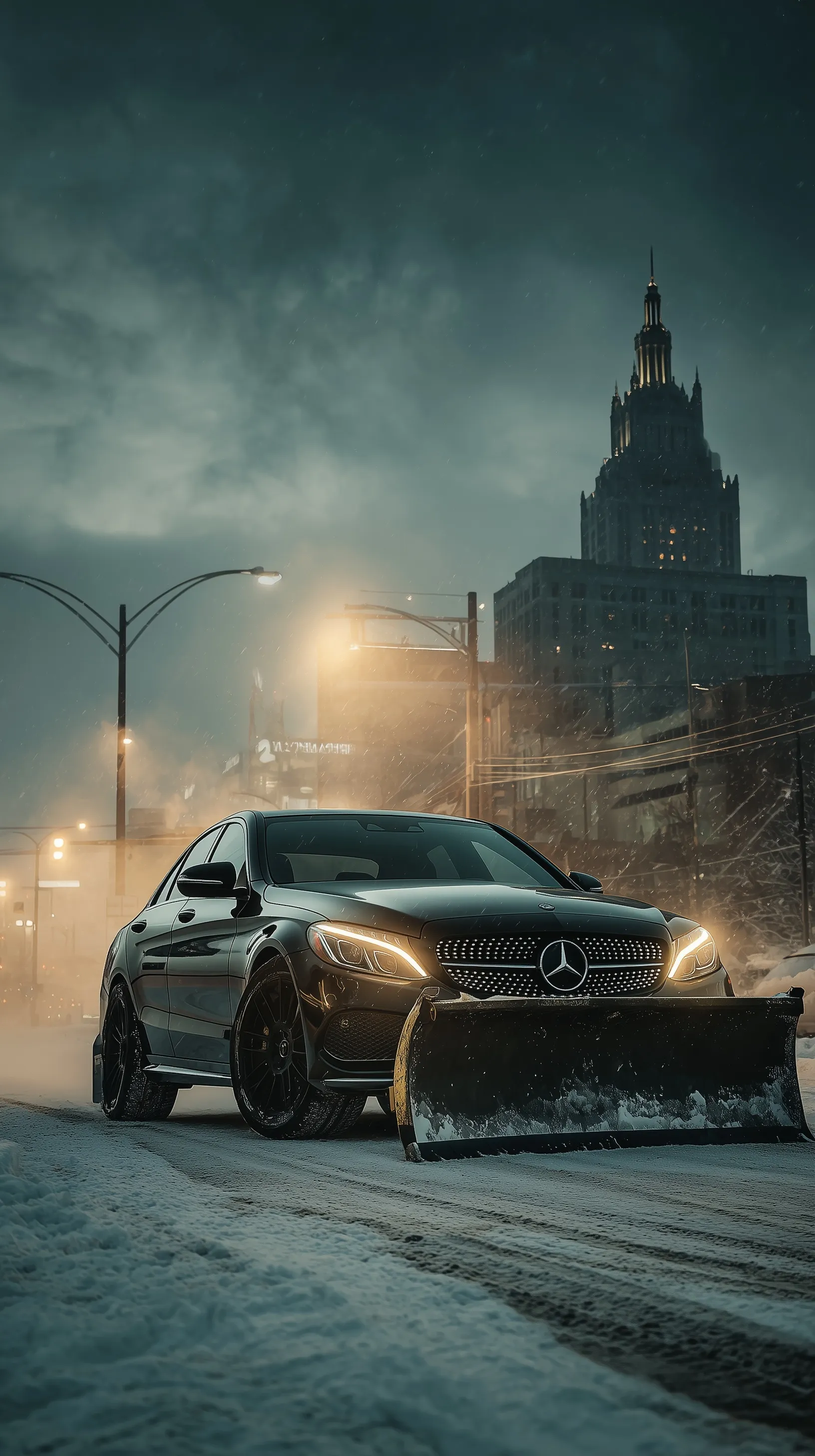 Black Mercedes C300 sedan with off-road wheels and snow plow driving through a snowy winter city at night.