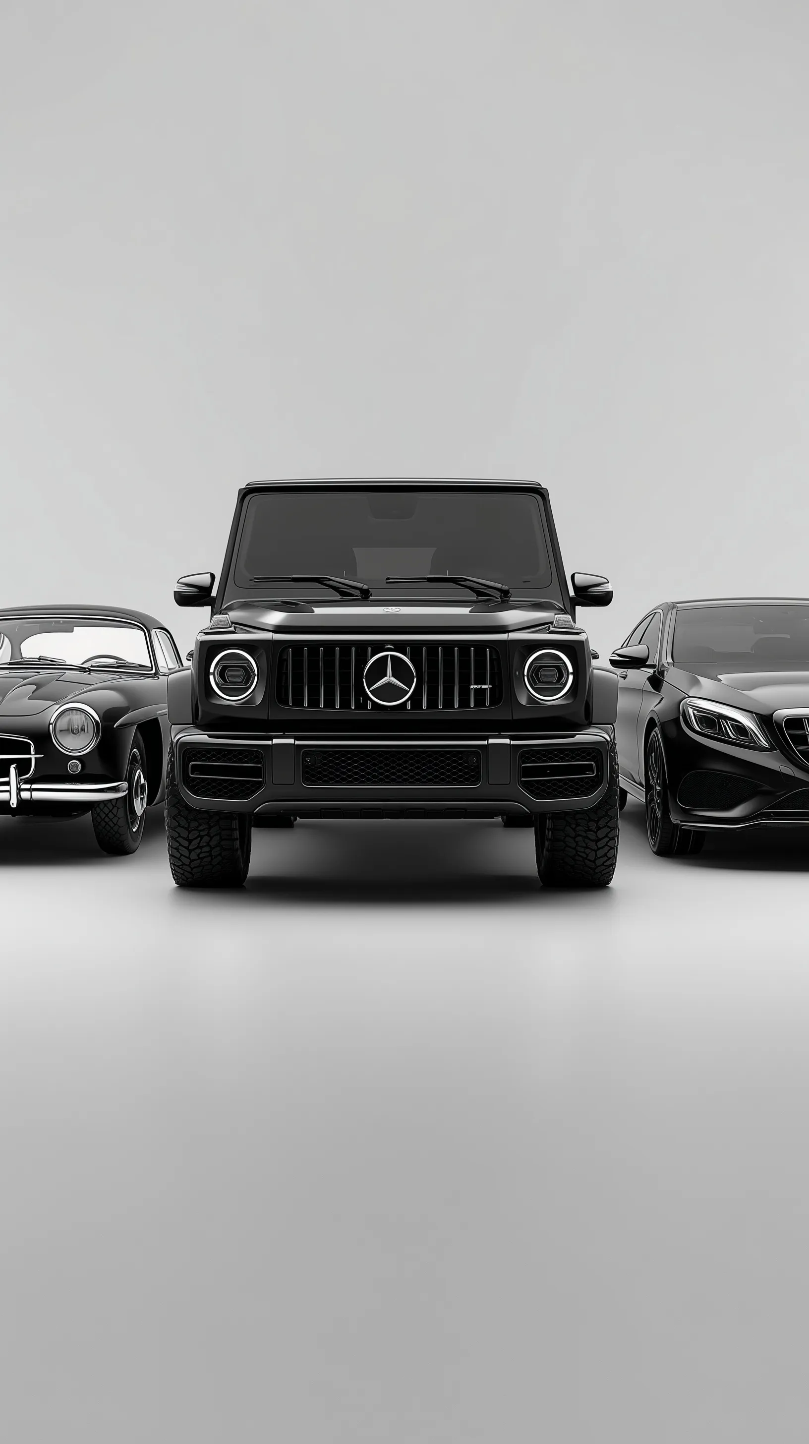 Three black luxury Mercedes-Benz cars parked side by side including a G-Class SUV, 300 SL, and S-Class sedan.